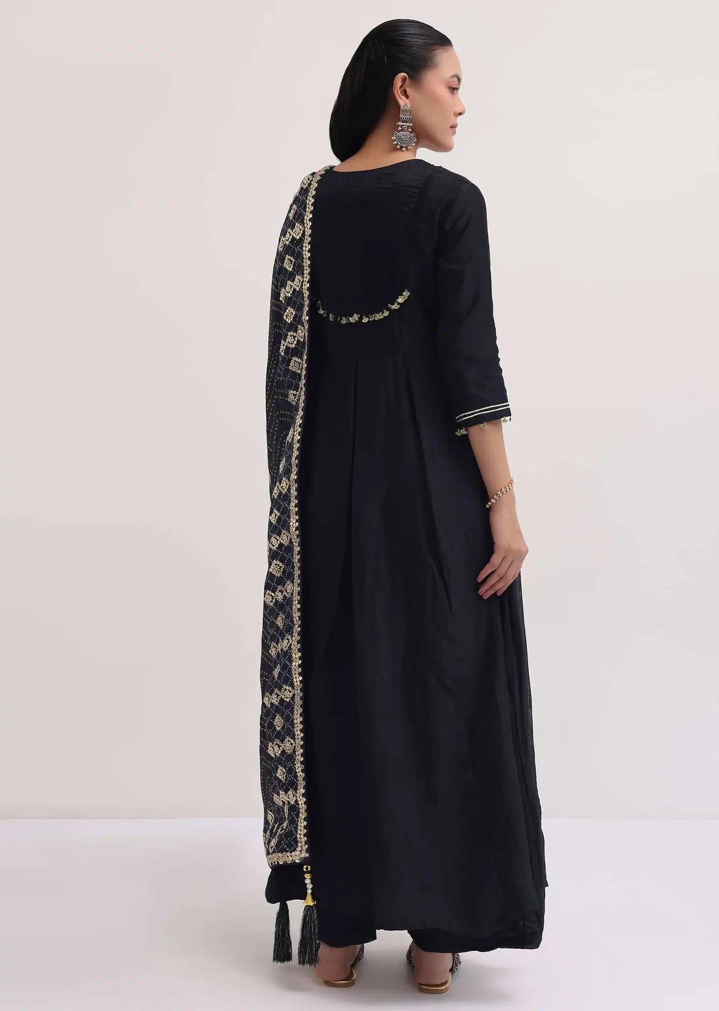 Black Handcrafted Chanderi Anarkali Dress Ensemble