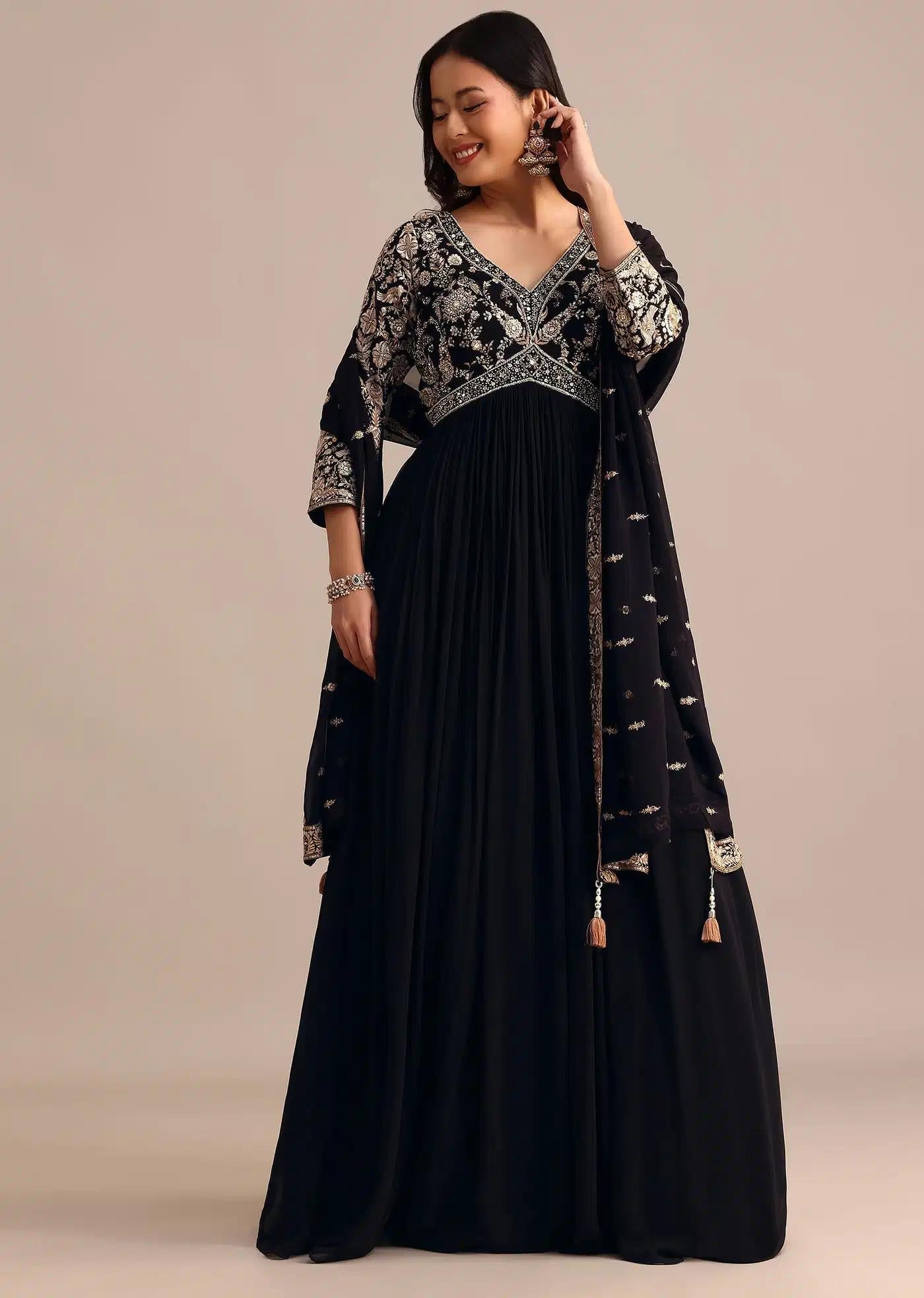 Black Handcrafted Georgette Anarkali Dress Outfit
