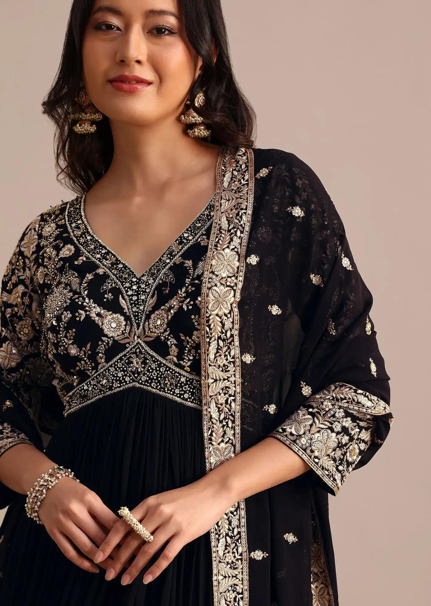 Black Handcrafted Georgette Anarkali Dress Outfit