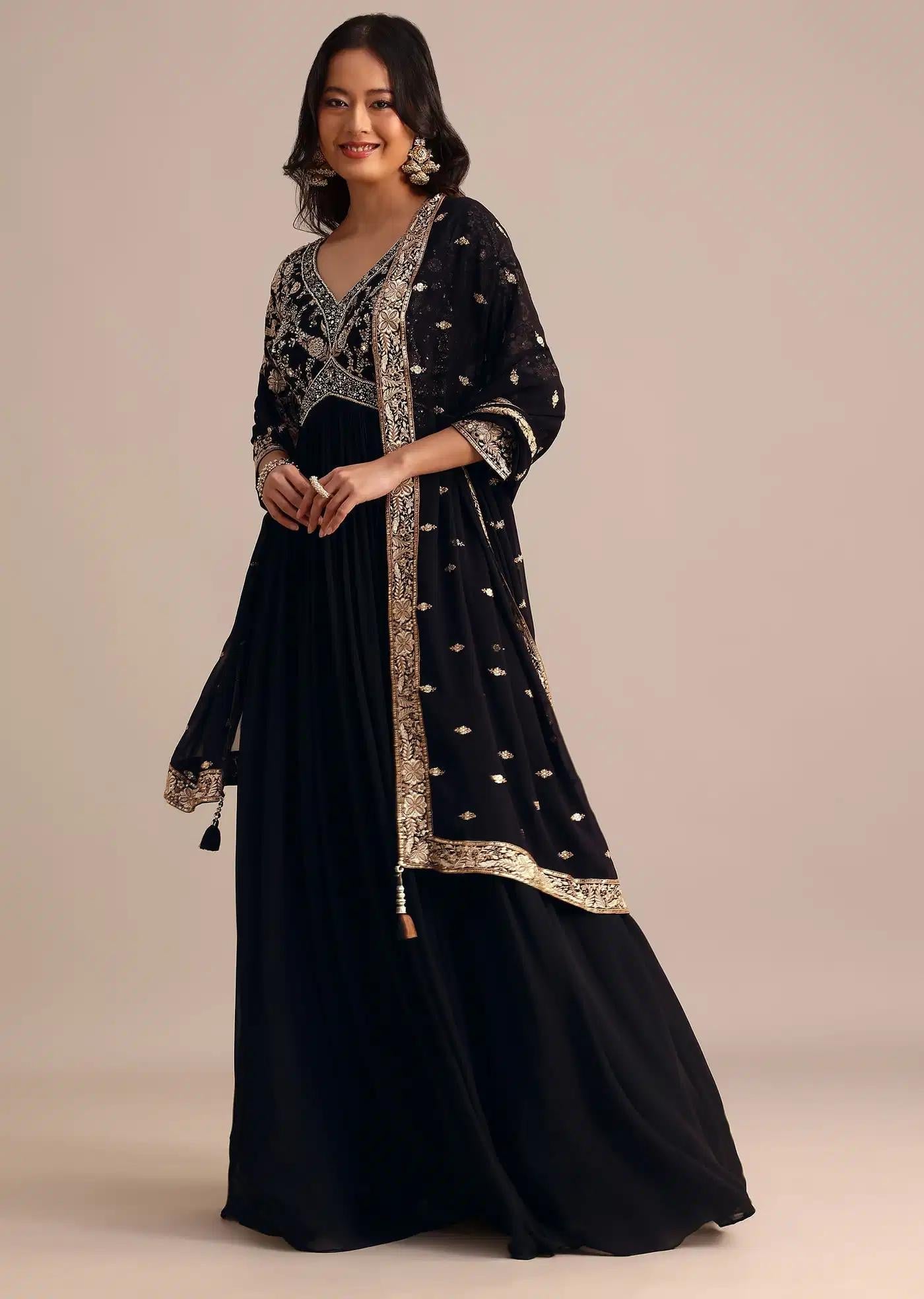 Black Handcrafted Georgette Anarkali Dress Outfit