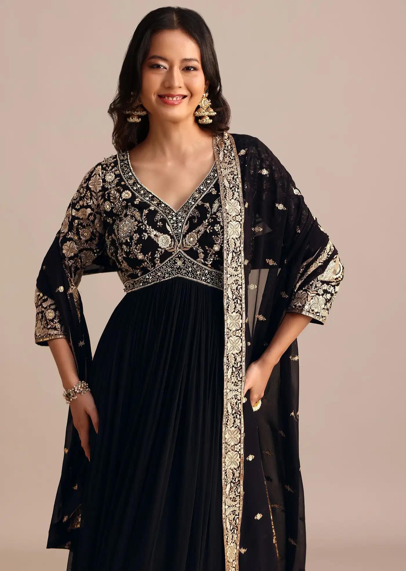 Black Handcrafted Georgette Anarkali Dress Outfit