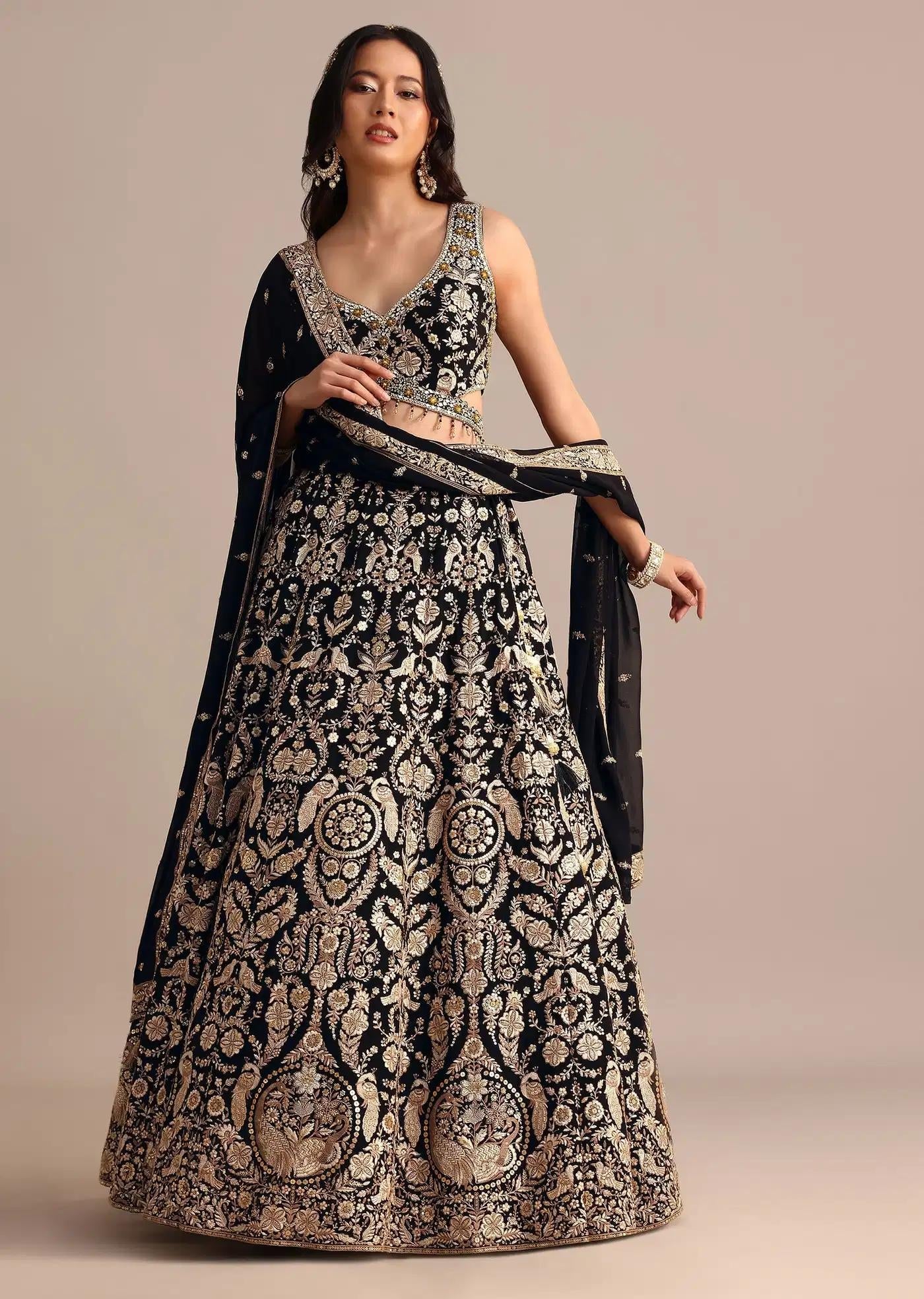Black Handcrafted Georgette Lehenga Skirt Blouse Featuring Drape