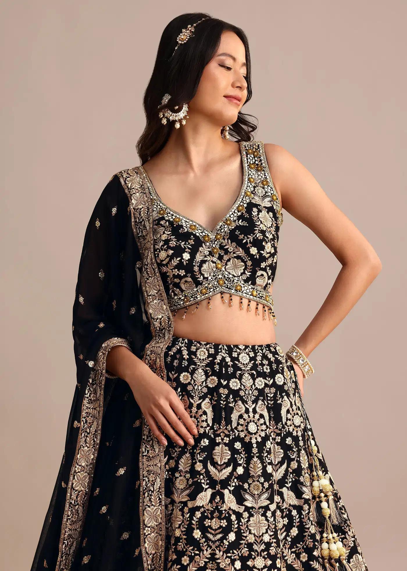 Black Handcrafted Georgette Lehenga Skirt Blouse Featuring Drape