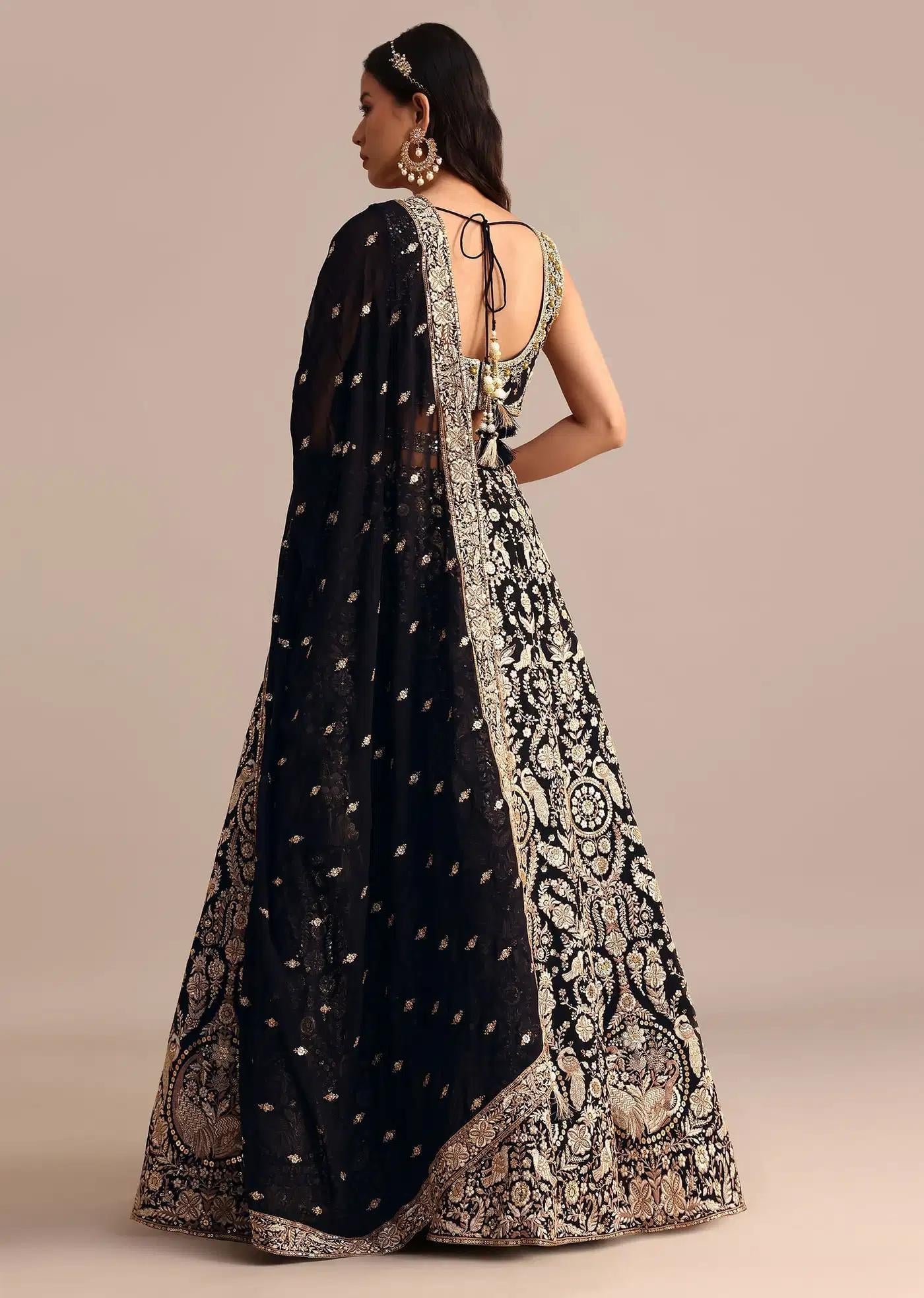 Black Handcrafted Georgette Lehenga Skirt Blouse Featuring Drape