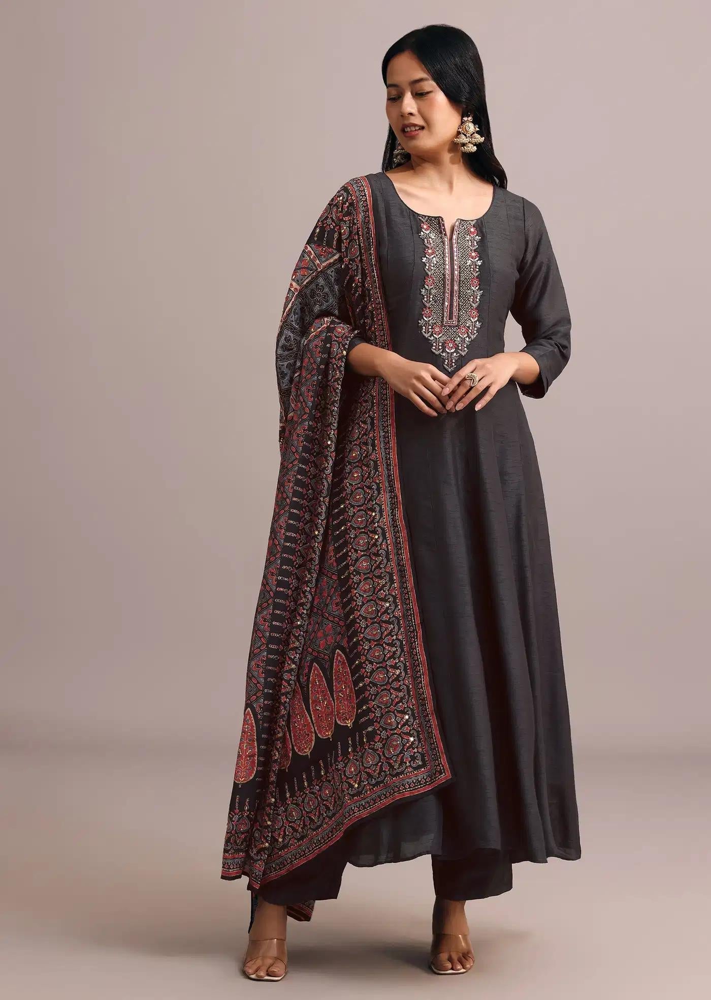 Black Handcrafted Kurti Ensemble Featuring Modal Silk Ajrakh Patterned Drape