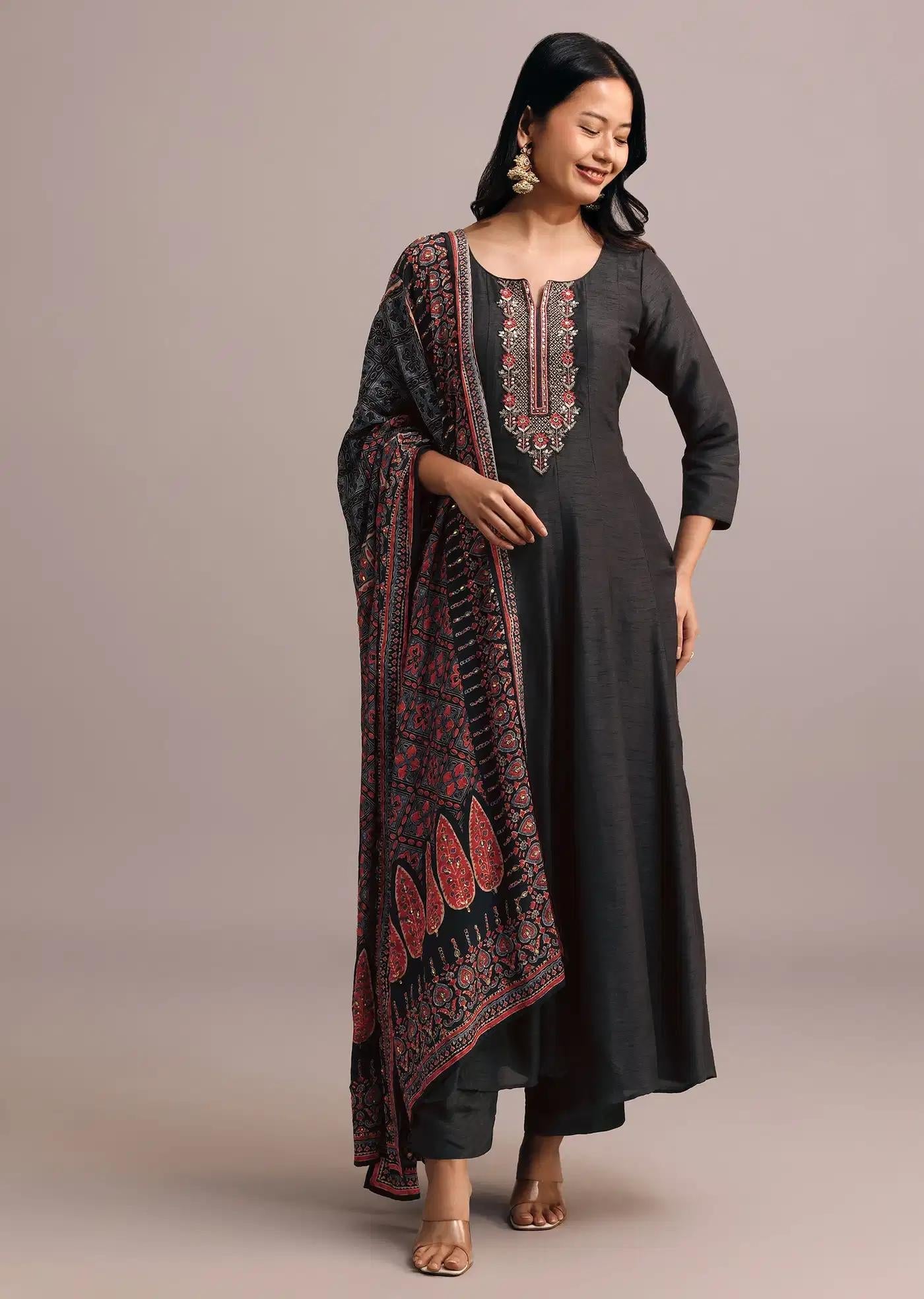 Black Handcrafted Kurti Ensemble Featuring Modal Silk Ajrakh Patterned Drape