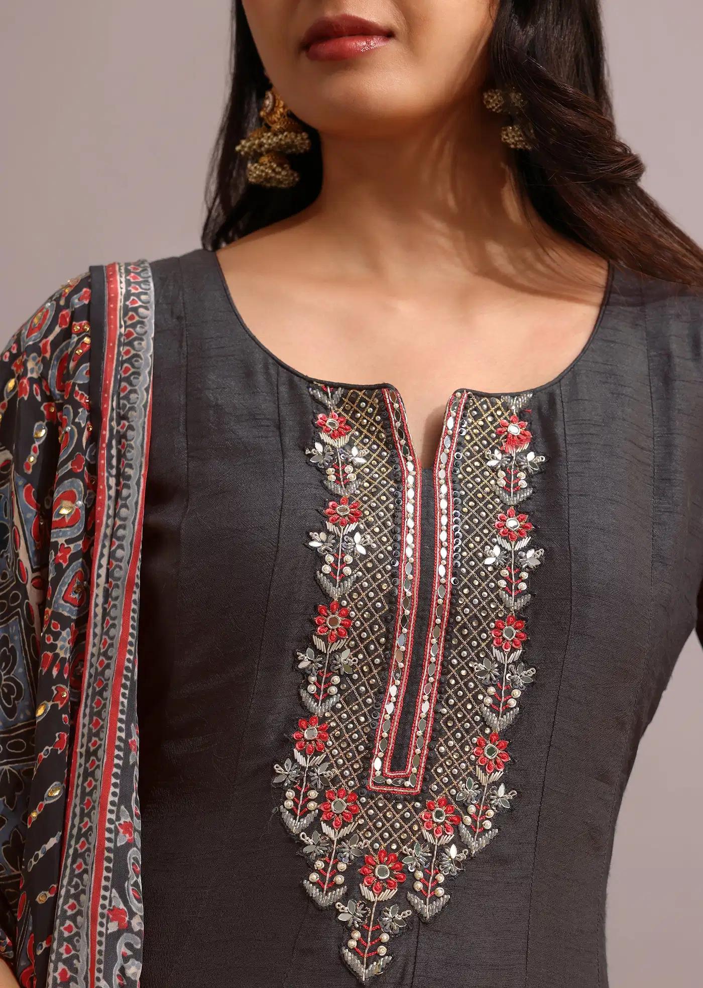 Black Handcrafted Kurti Ensemble Featuring Modal Silk Ajrakh Patterned Drape