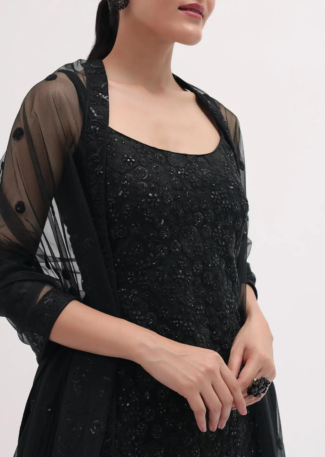 Black Handcrafted Net Tunic Palazzo Trousers Ensemble