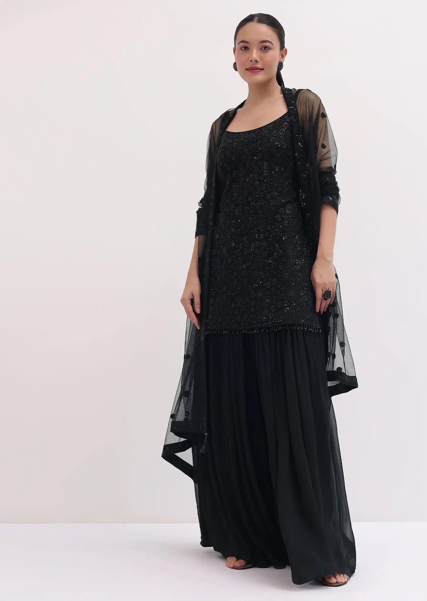 Black Handcrafted Net Tunic Palazzo Trousers Ensemble
