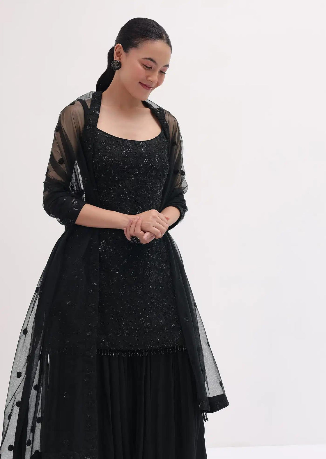 Black Handcrafted Net Tunic Palazzo Trousers Ensemble