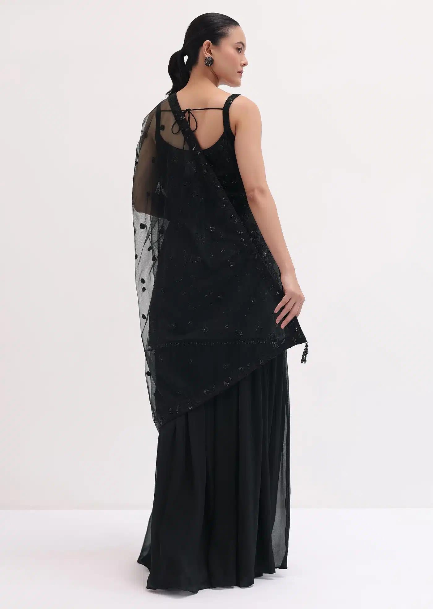 Black Handcrafted Net Tunic Palazzo Trousers Ensemble