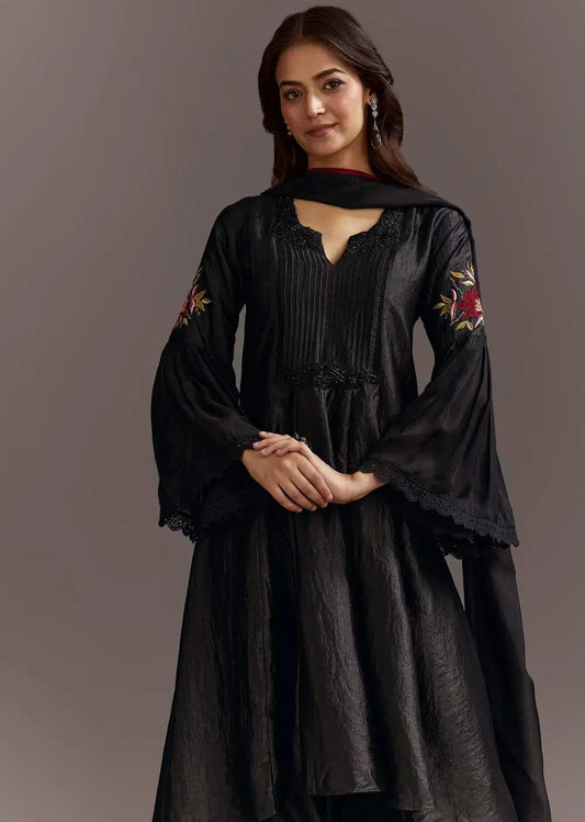 Black High Low Kurta Dupatta Ensemble With Applique Work Outfit
