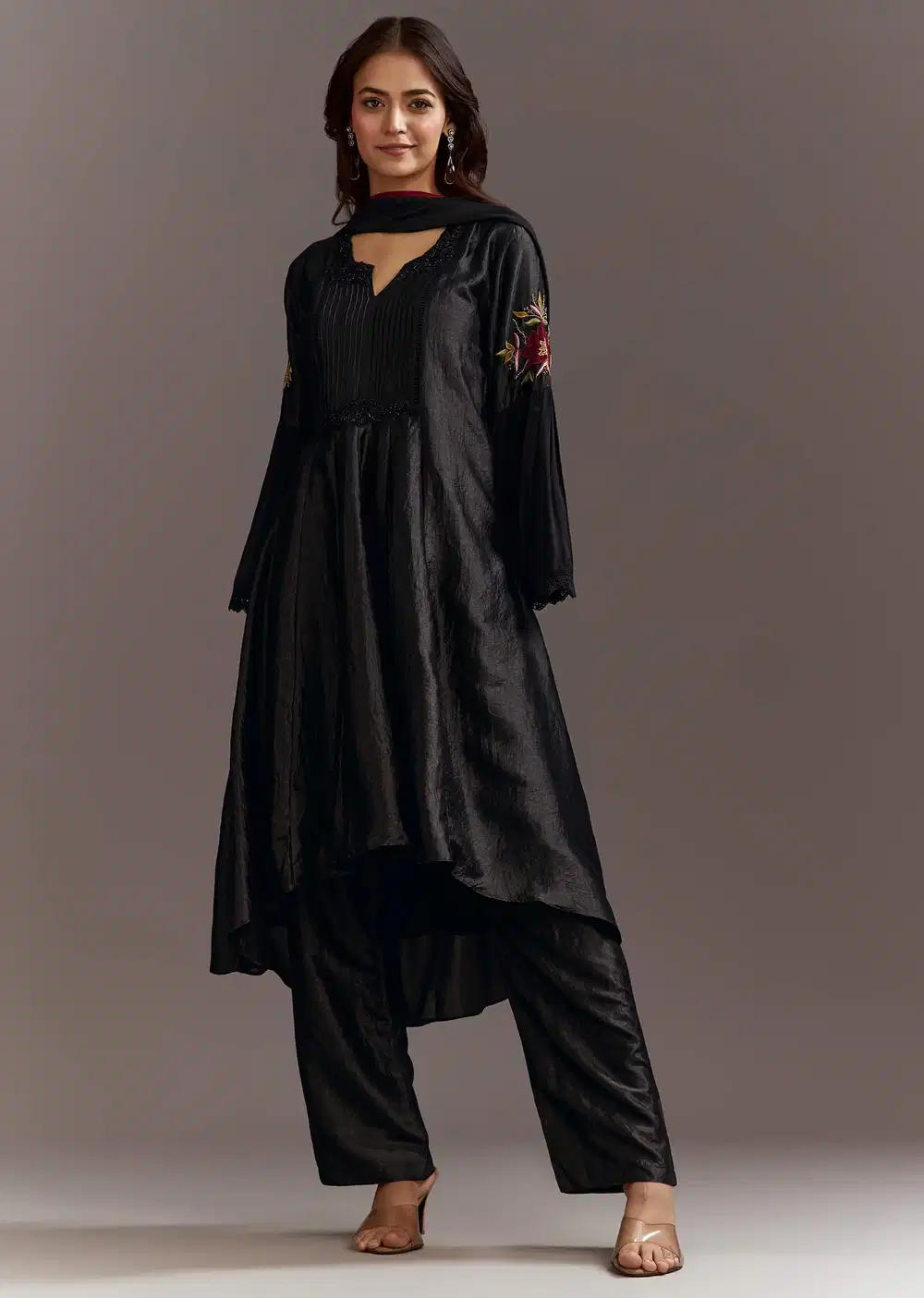 Black High Low Kurta Dupatta Ensemble With Applique Work Outfit