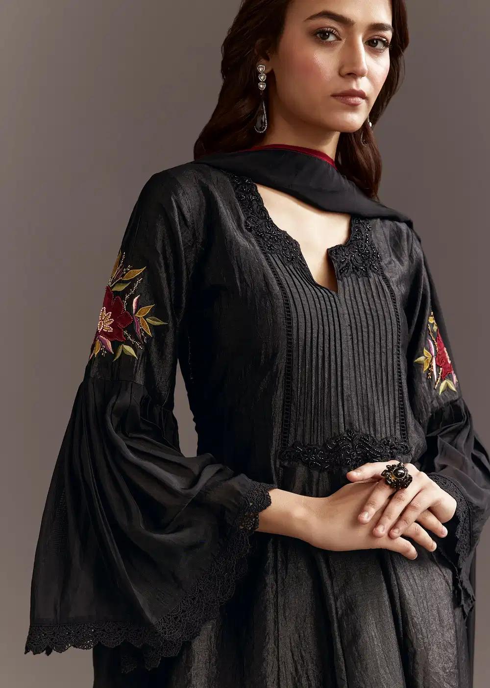 Black High Low Kurta Dupatta Ensemble With Applique Work Outfit