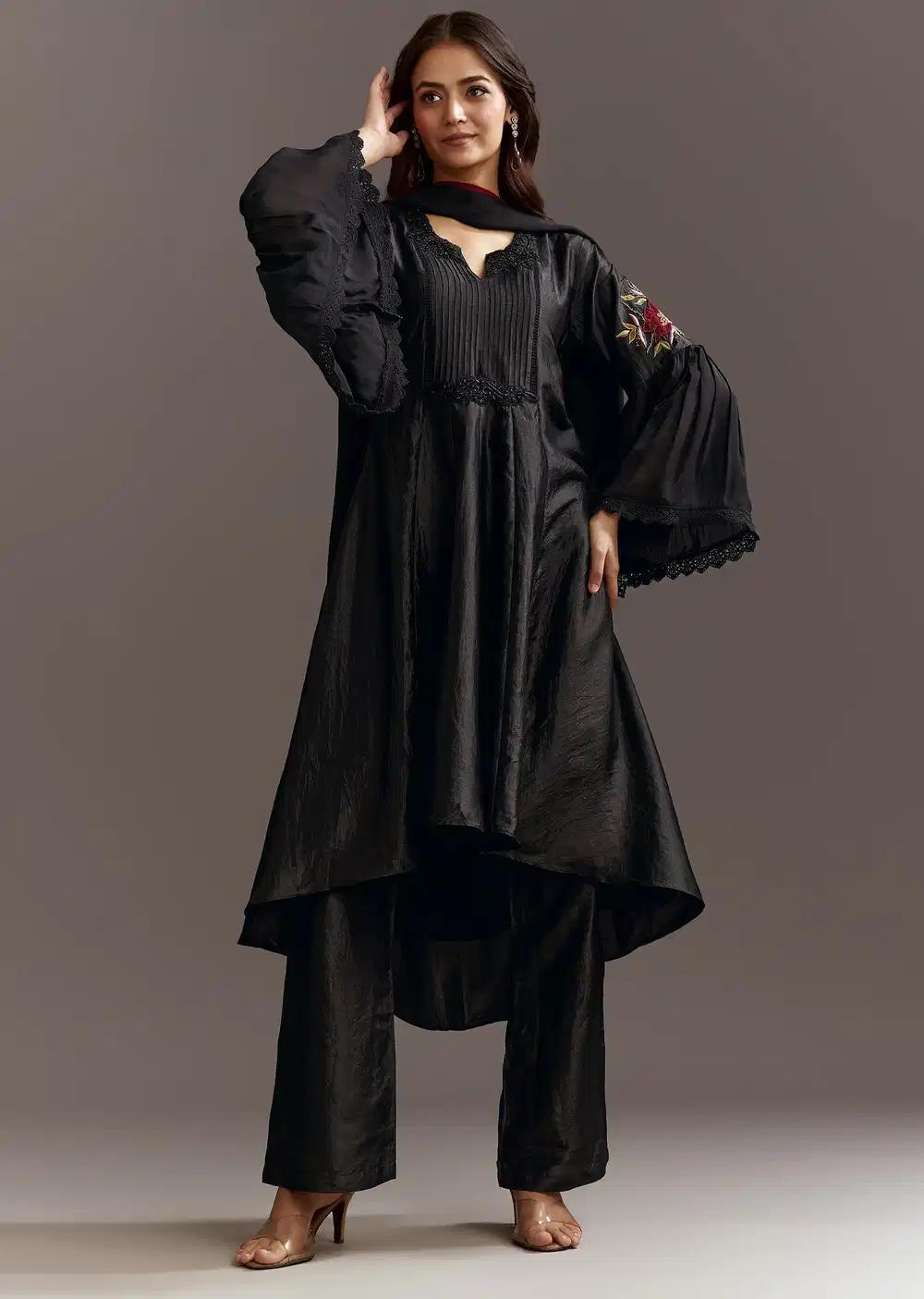 Black High Low Kurta Dupatta Ensemble With Applique Work Outfit