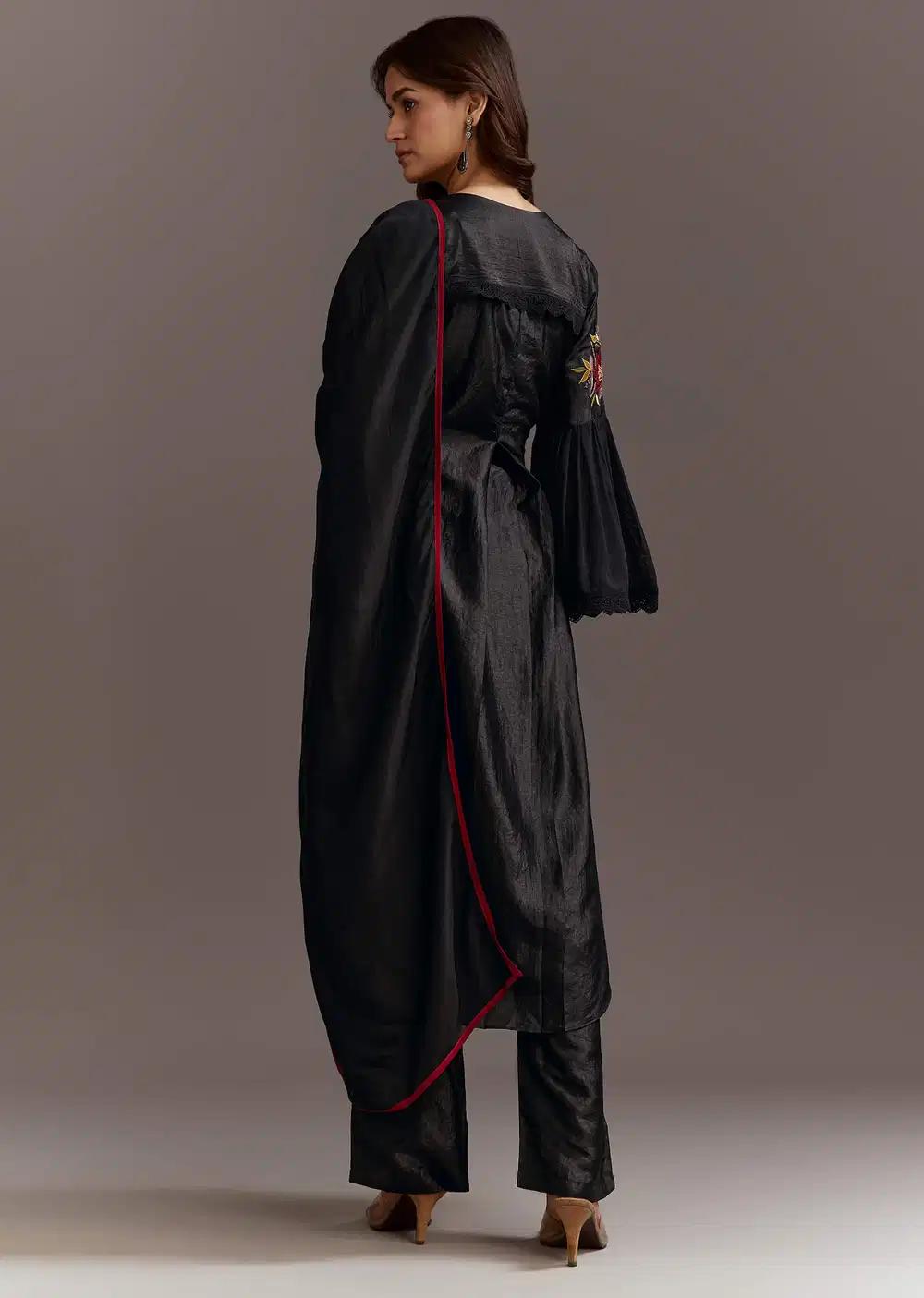Black High Low Kurta Dupatta Ensemble With Applique Work Outfit