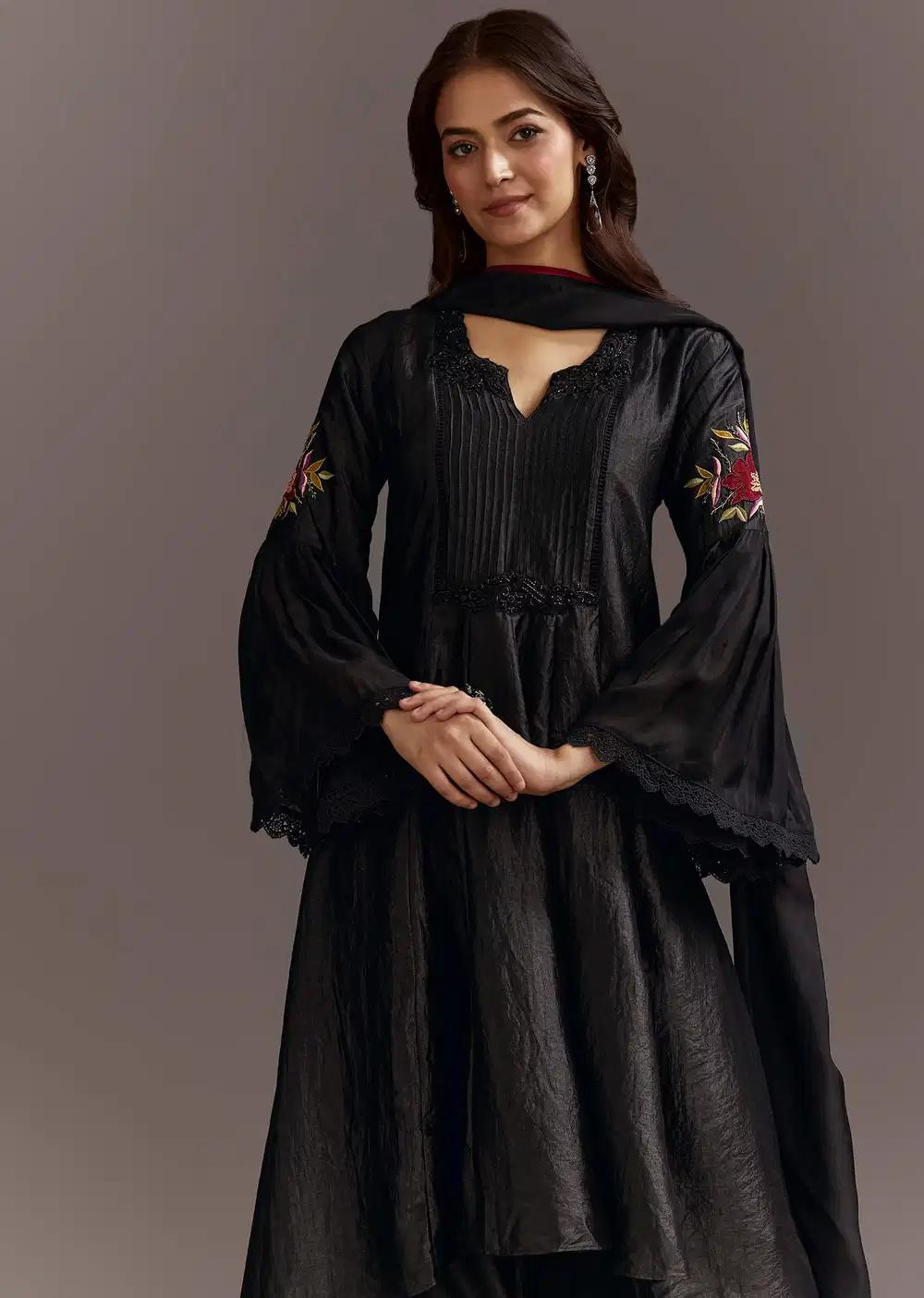 Black High Low Kurta Dupatta Ensemble With Applique Work Outfit
