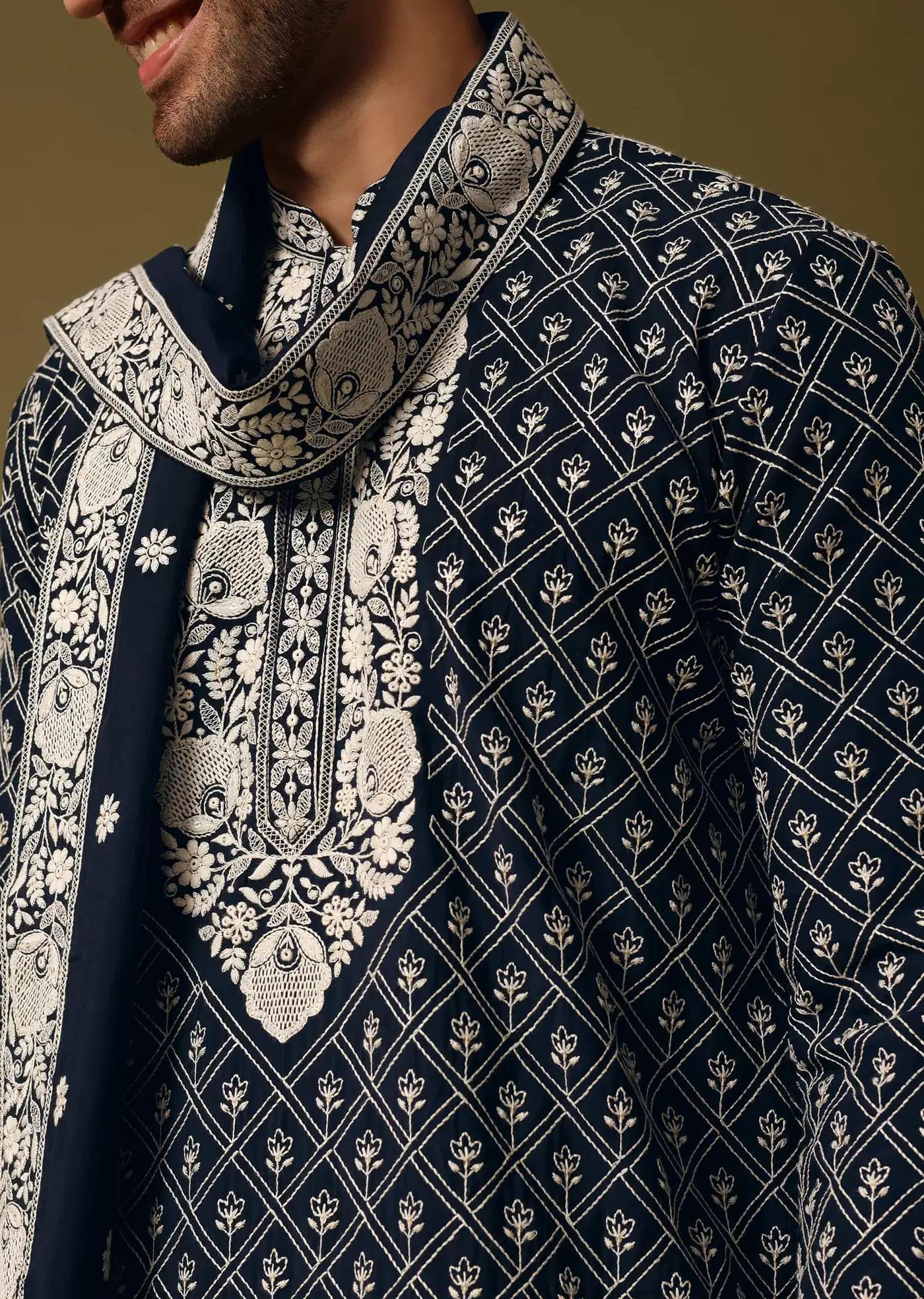 Black Kurta Pant Set With Dupatta In Resham Work Elegant Designer Kurta Sets