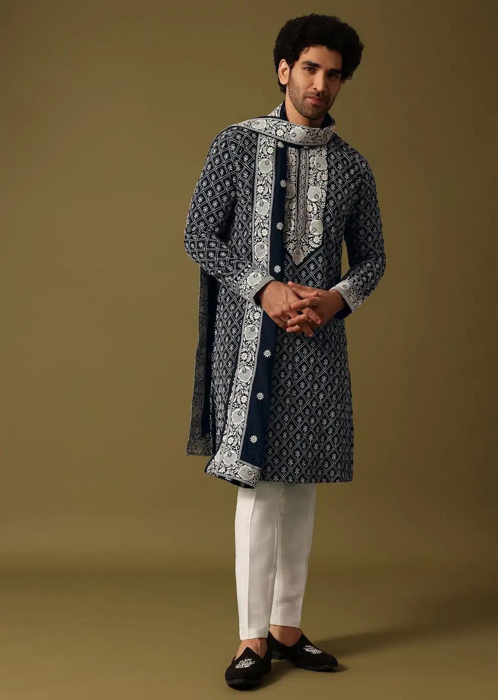 Black Kurta Pant Set With Dupatta In Resham Work Elegant Designer Kurta Sets