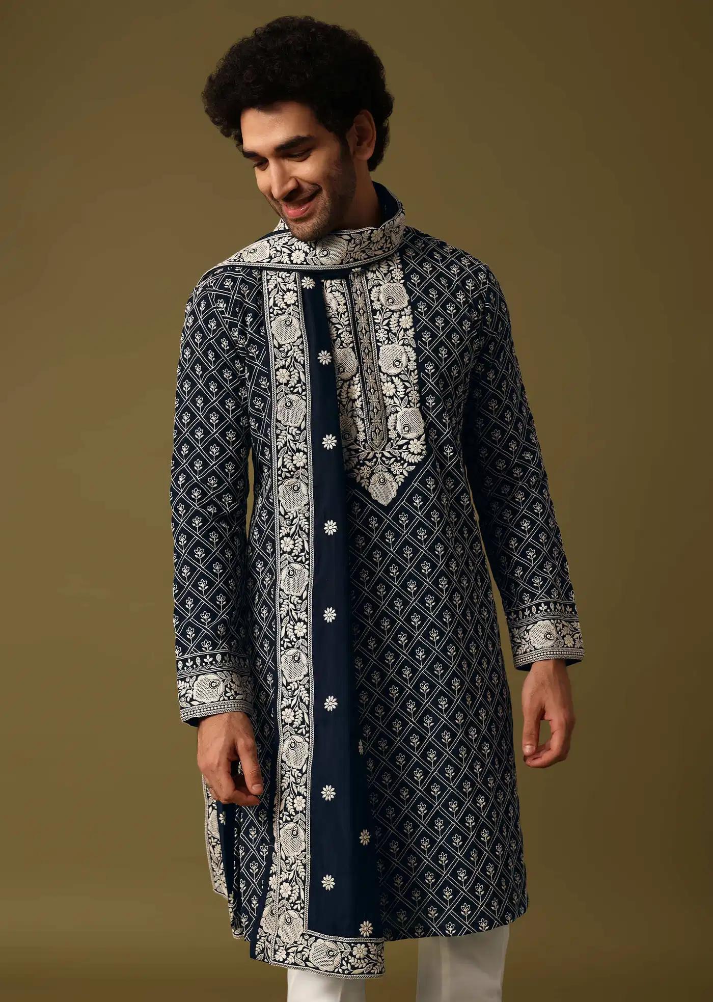 Black Kurta Pant Set With Dupatta In Resham Work Elegant Designer Kurta Sets