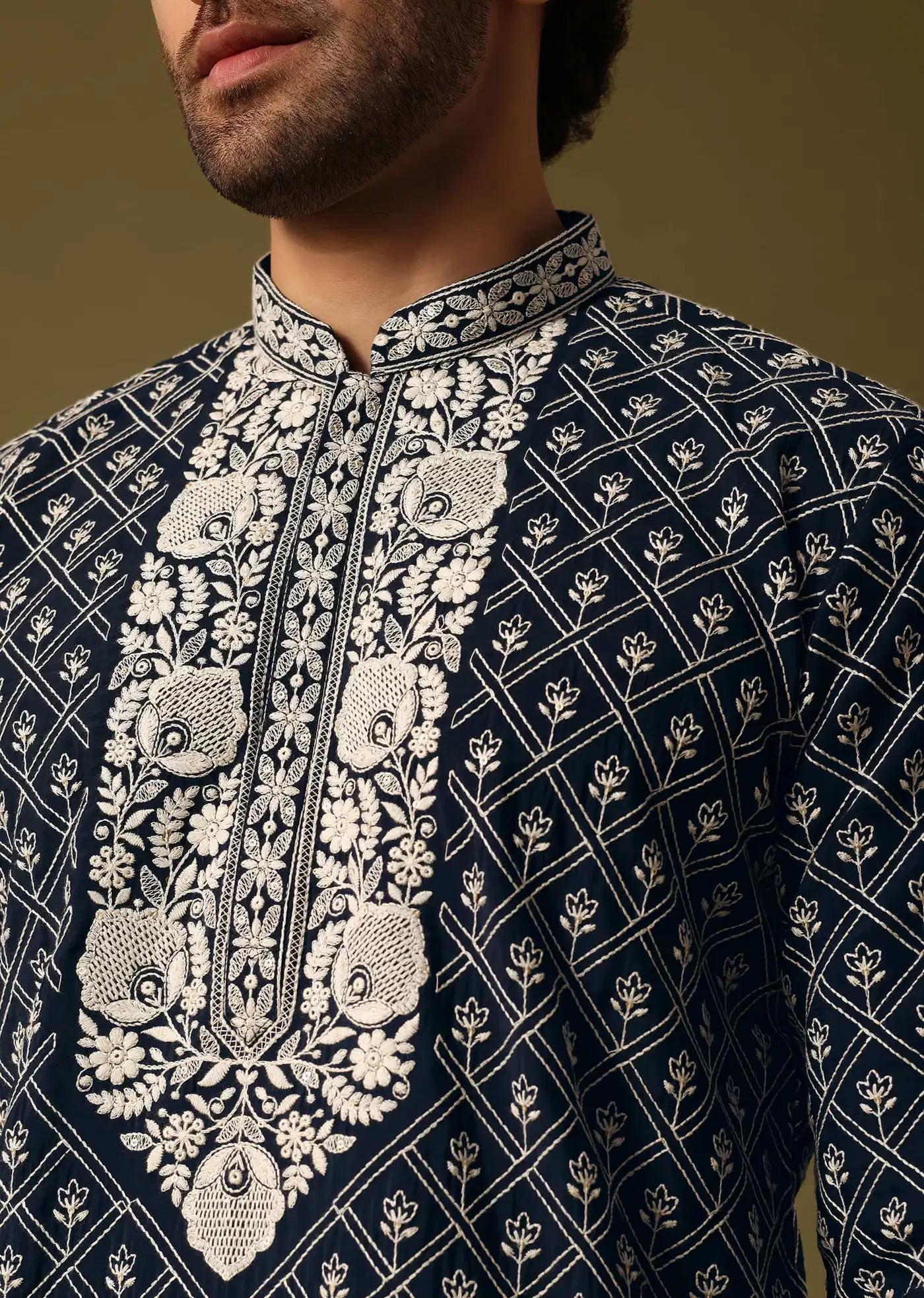 Black Kurta Pant Set With Dupatta In Resham Work Elegant Designer Kurta Sets