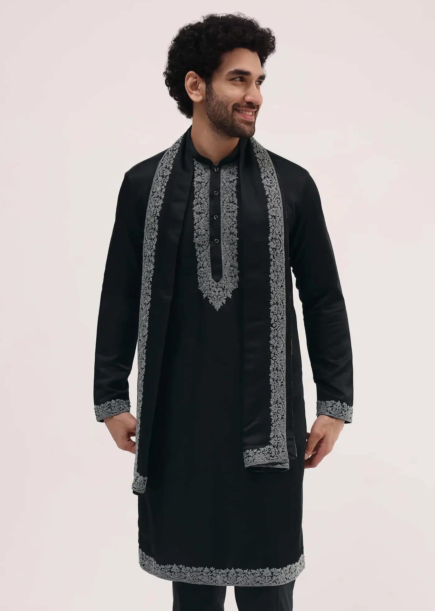 Black Kurta Set In Resham Work With Dupatta For Men Elegant Designer Kurta Sets