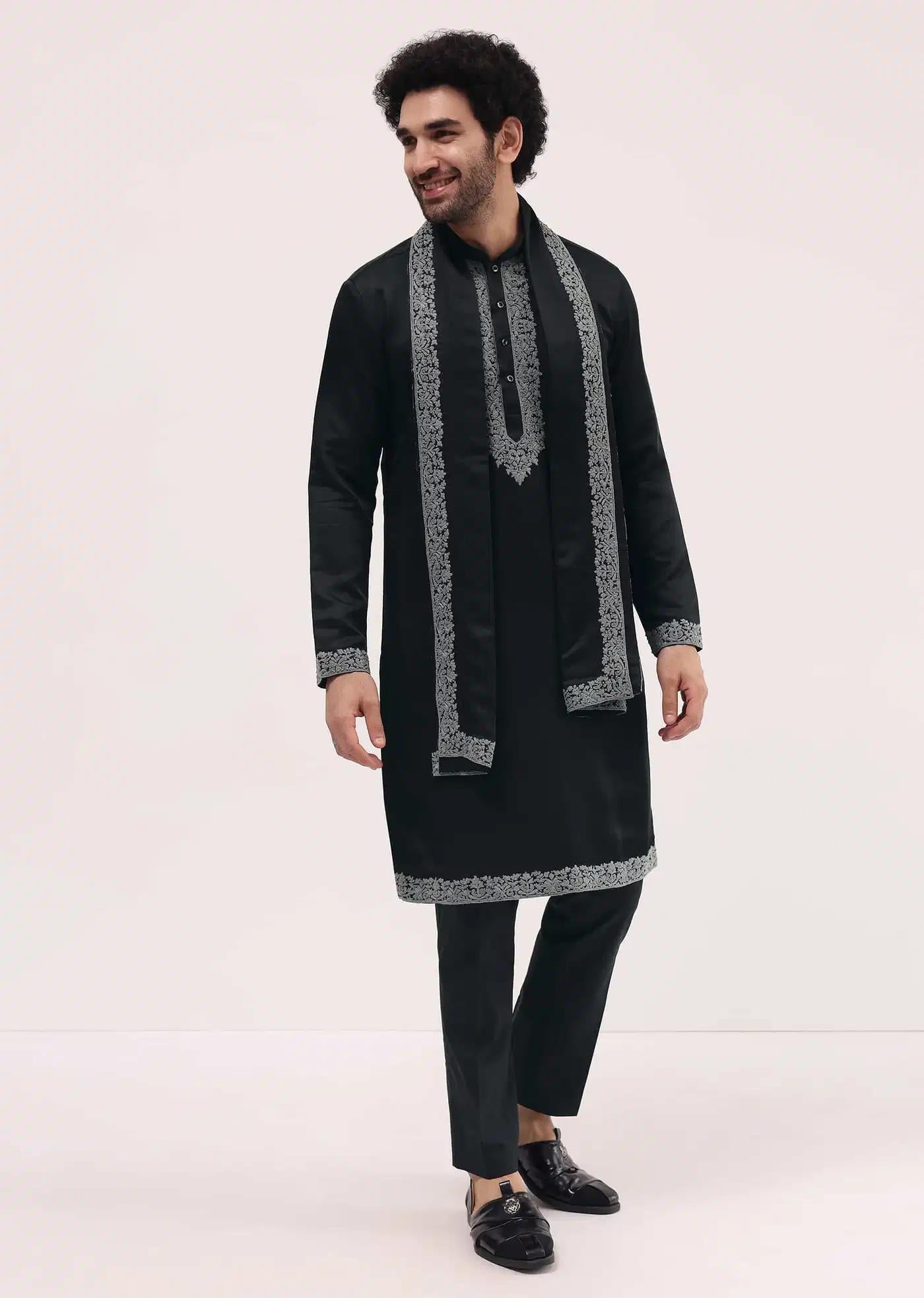 Black Kurta Set In Resham Work With Dupatta For Men Elegant Designer Kurta Sets
