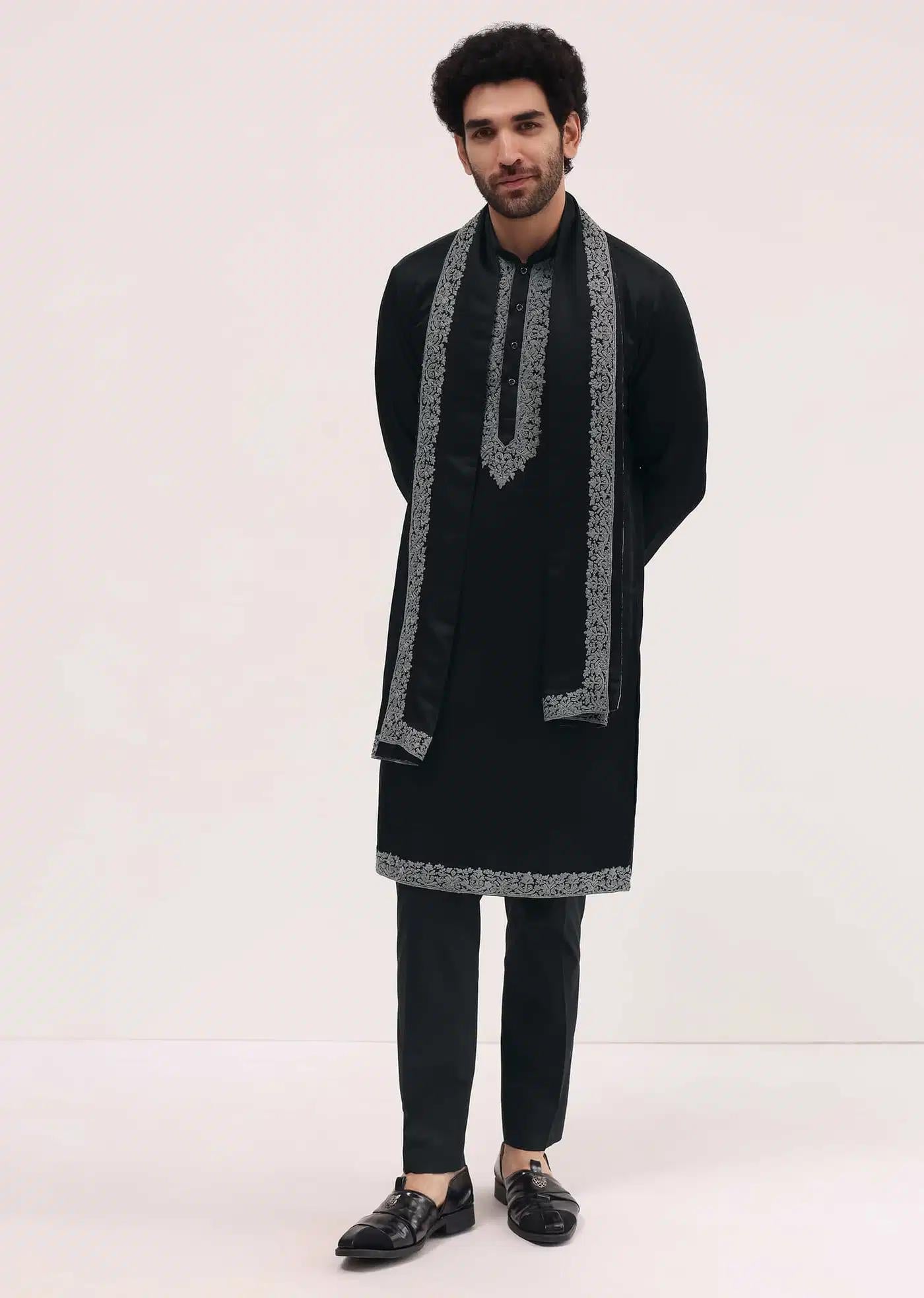 Black Kurta Set In Resham Work With Dupatta For Men Elegant Designer Kurta Sets