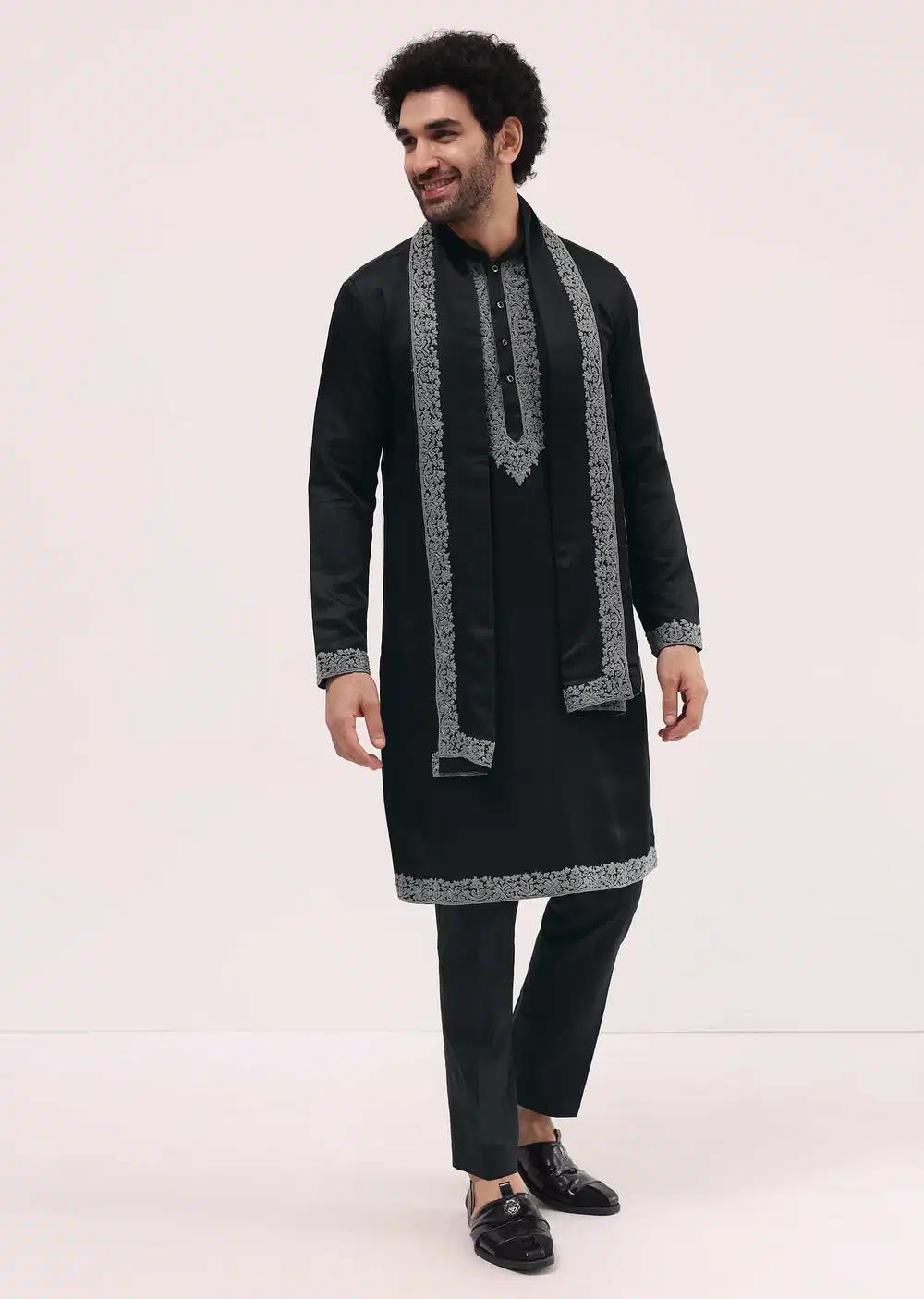 Black Kurta Set In Resham Work With Dupatta For Men Elegant Designer Kurta Sets