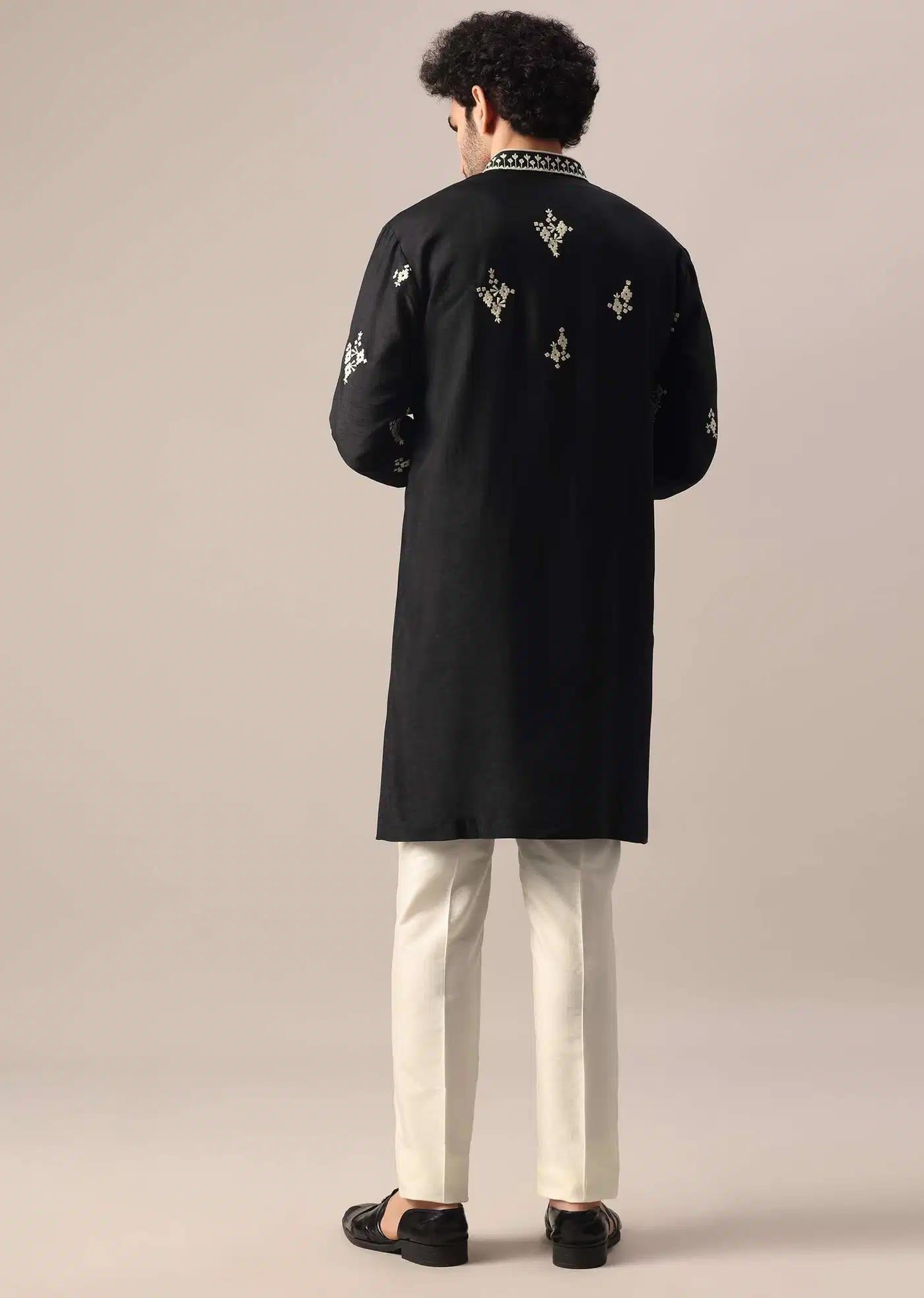 Black Kurta Set In Silk With Embroidered Work Elegant Designer Kurta Sets
