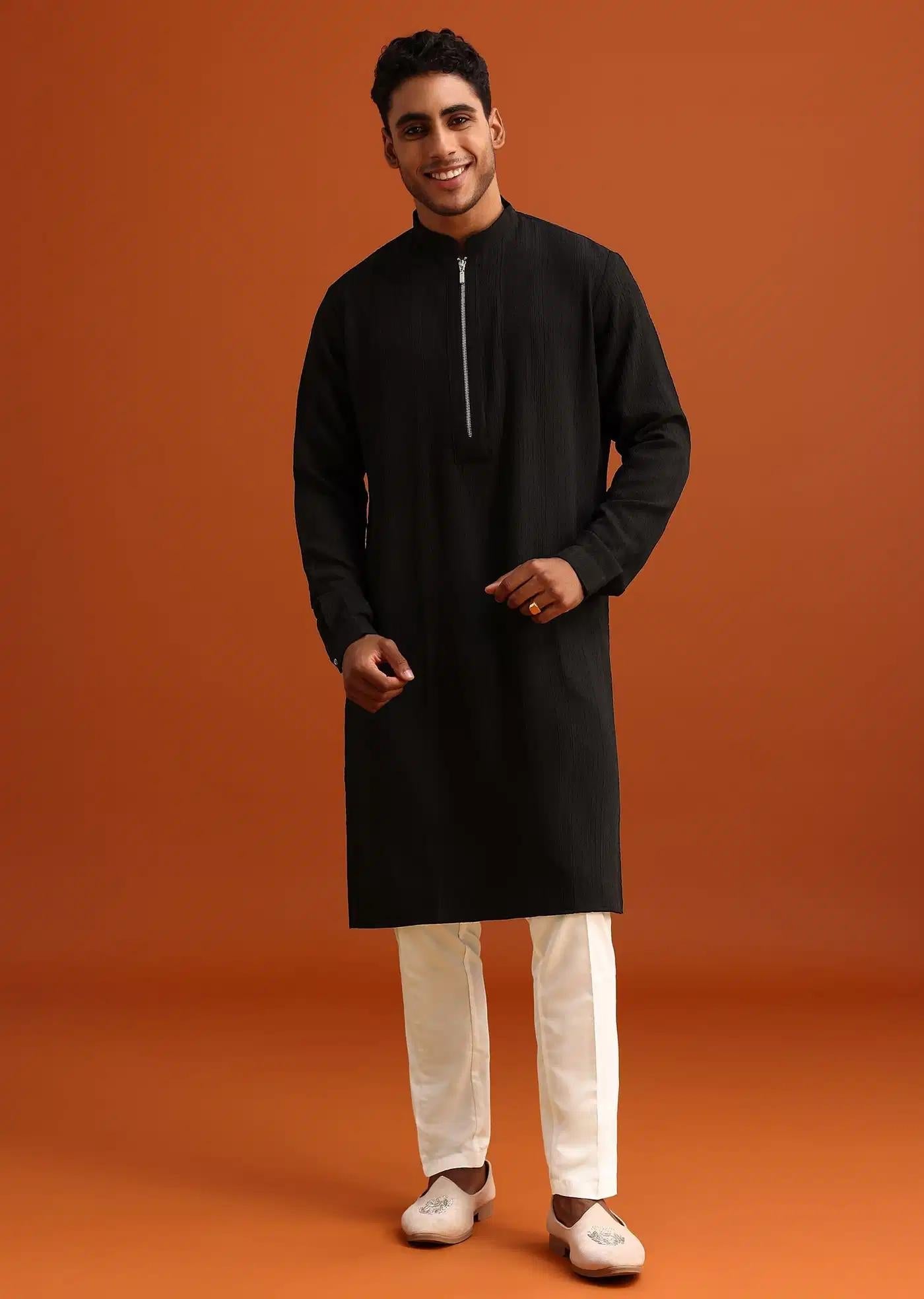Black Kurta Set With Zipper Closure Elegant Designer Kurta Sets