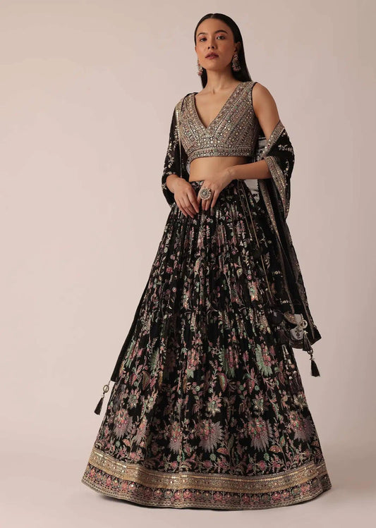 Black Lehenga Skirt Ensemble Featuring Sequin Work
