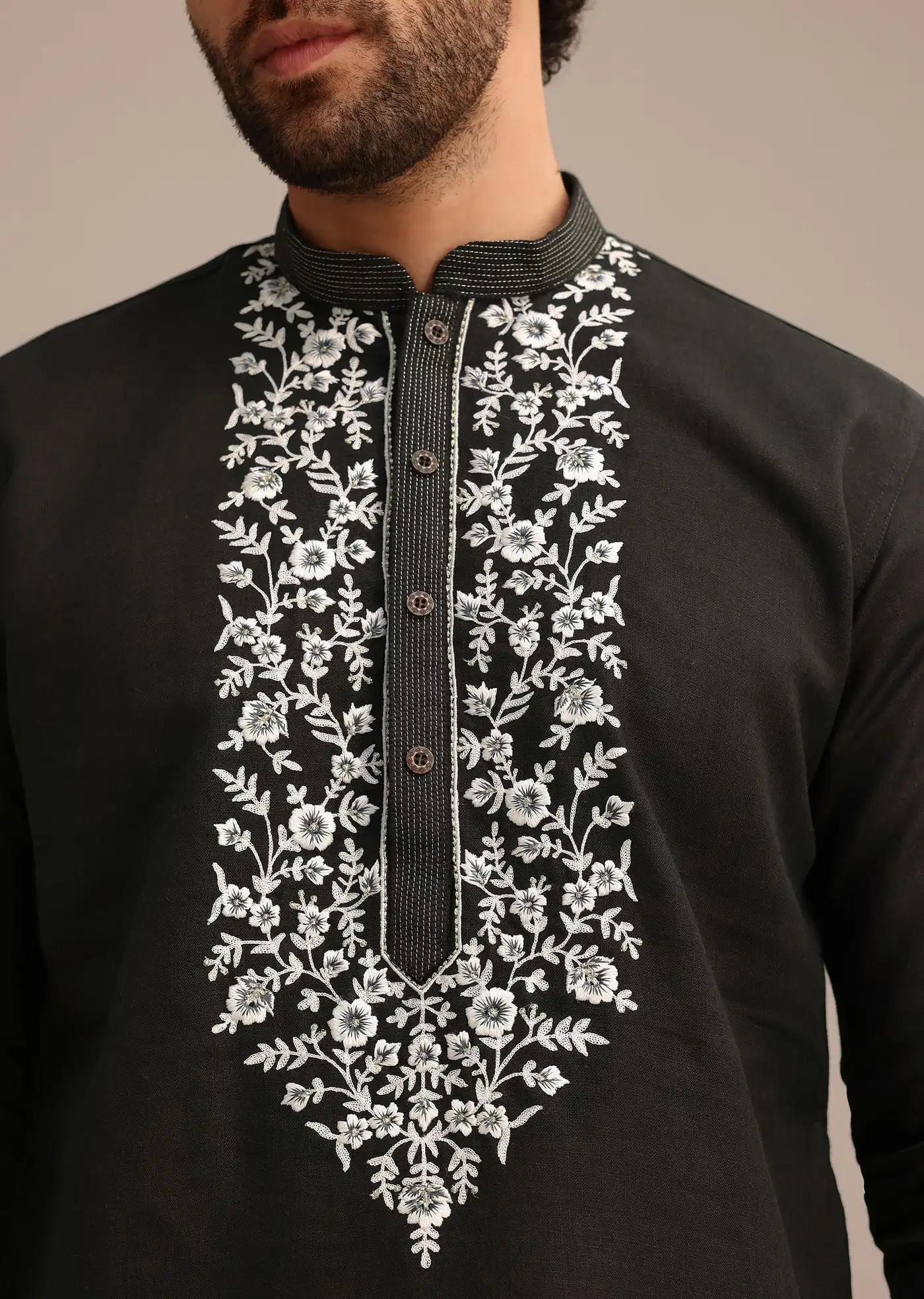 Black Linen Floral Resham Work Kurta Set Elegant Designer Kurta Sets