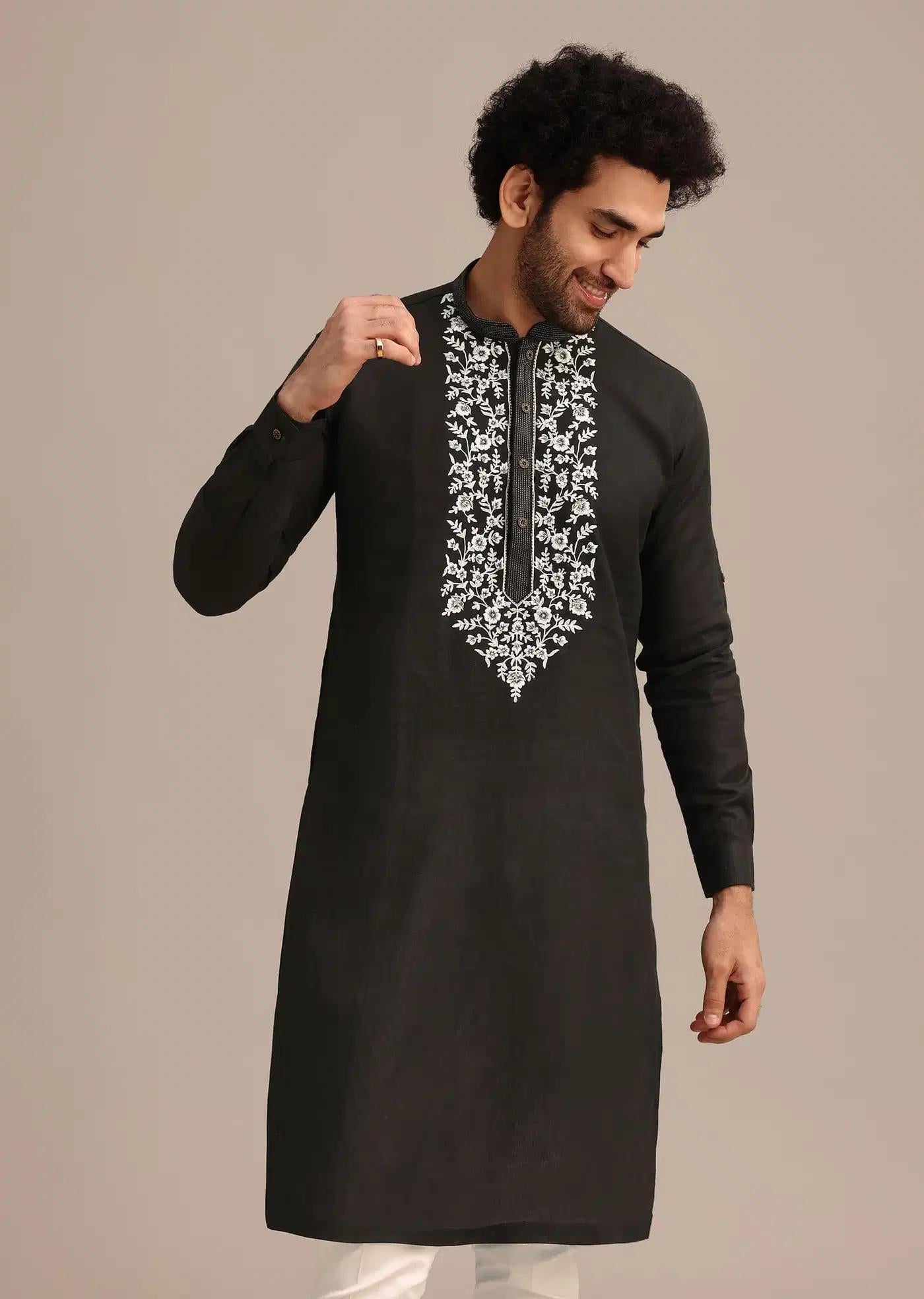 Black Linen Floral Resham Work Kurta Set Elegant Designer Kurta Sets