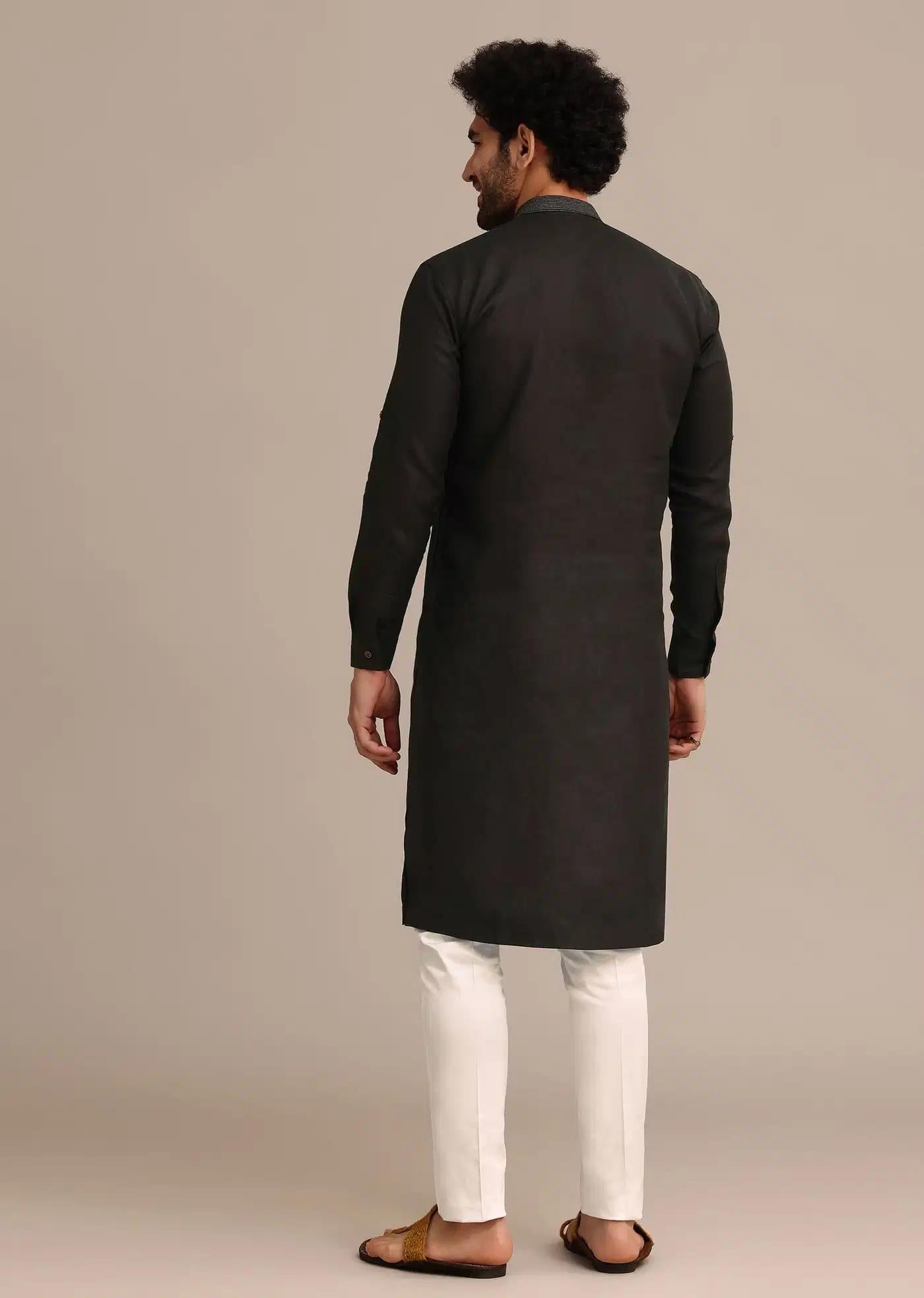 Black Linen Floral Resham Work Kurta Set Elegant Designer Kurta Sets