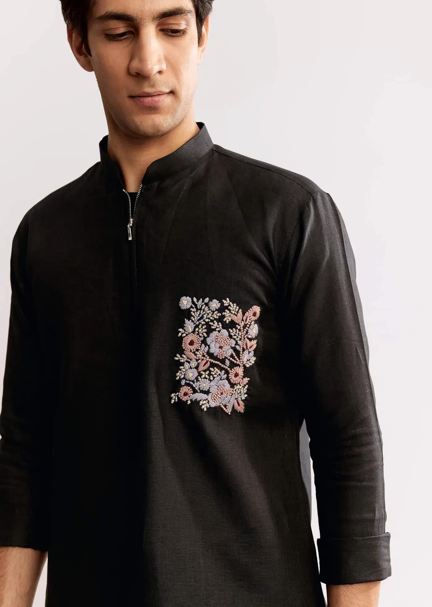 Black Linen Kurta Set With Embroidery Elegant Designer Kurta Sets