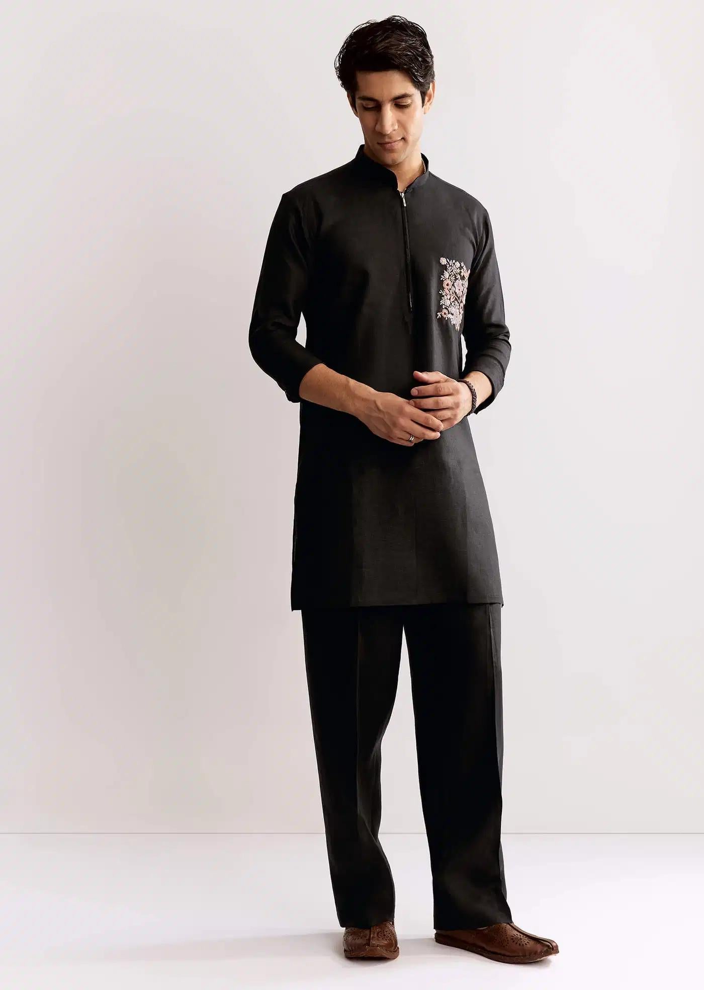 Black Linen Kurta Set With Embroidery Elegant Designer Kurta Sets