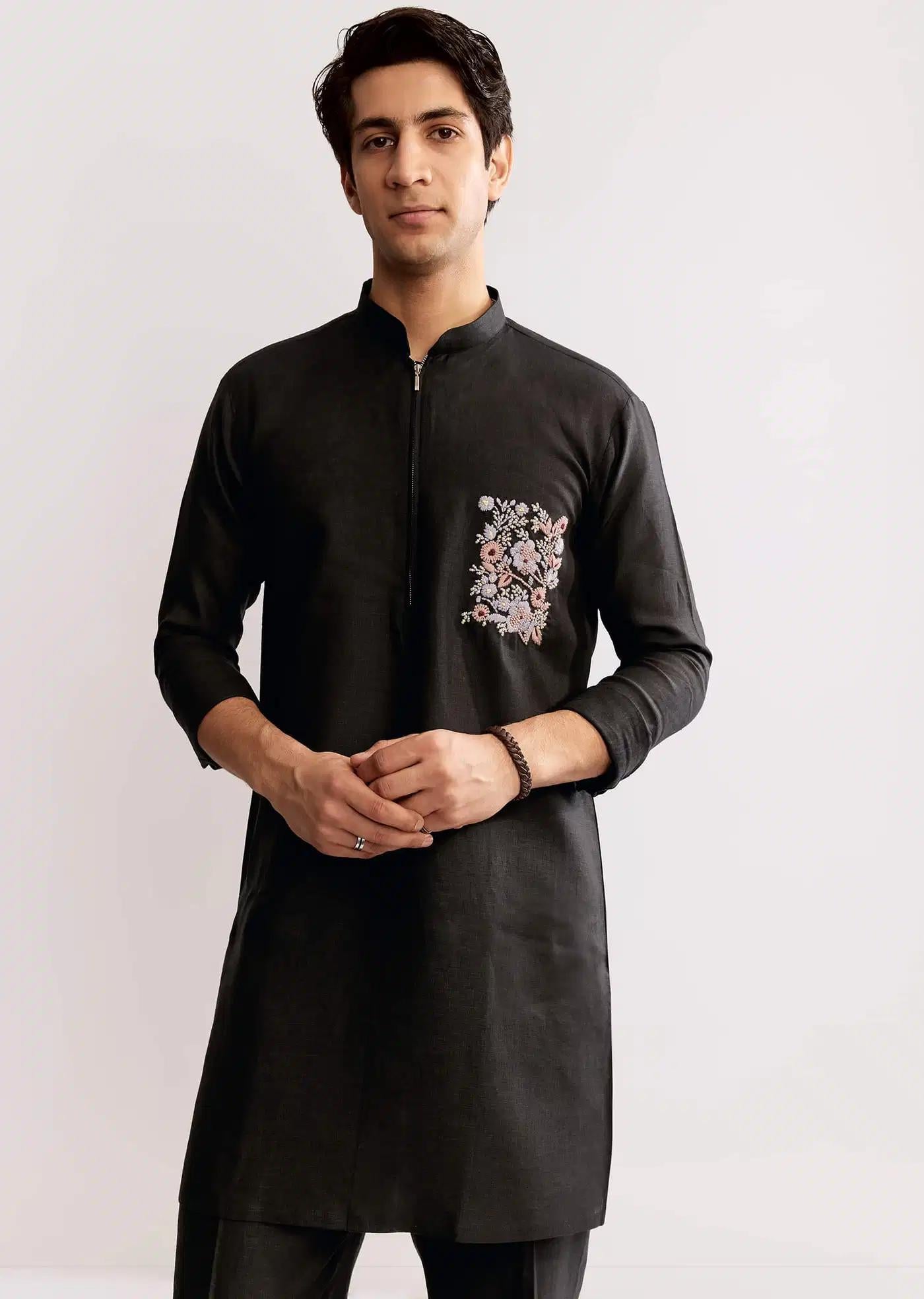 Black Linen Kurta Set With Embroidery Elegant Designer Kurta Sets