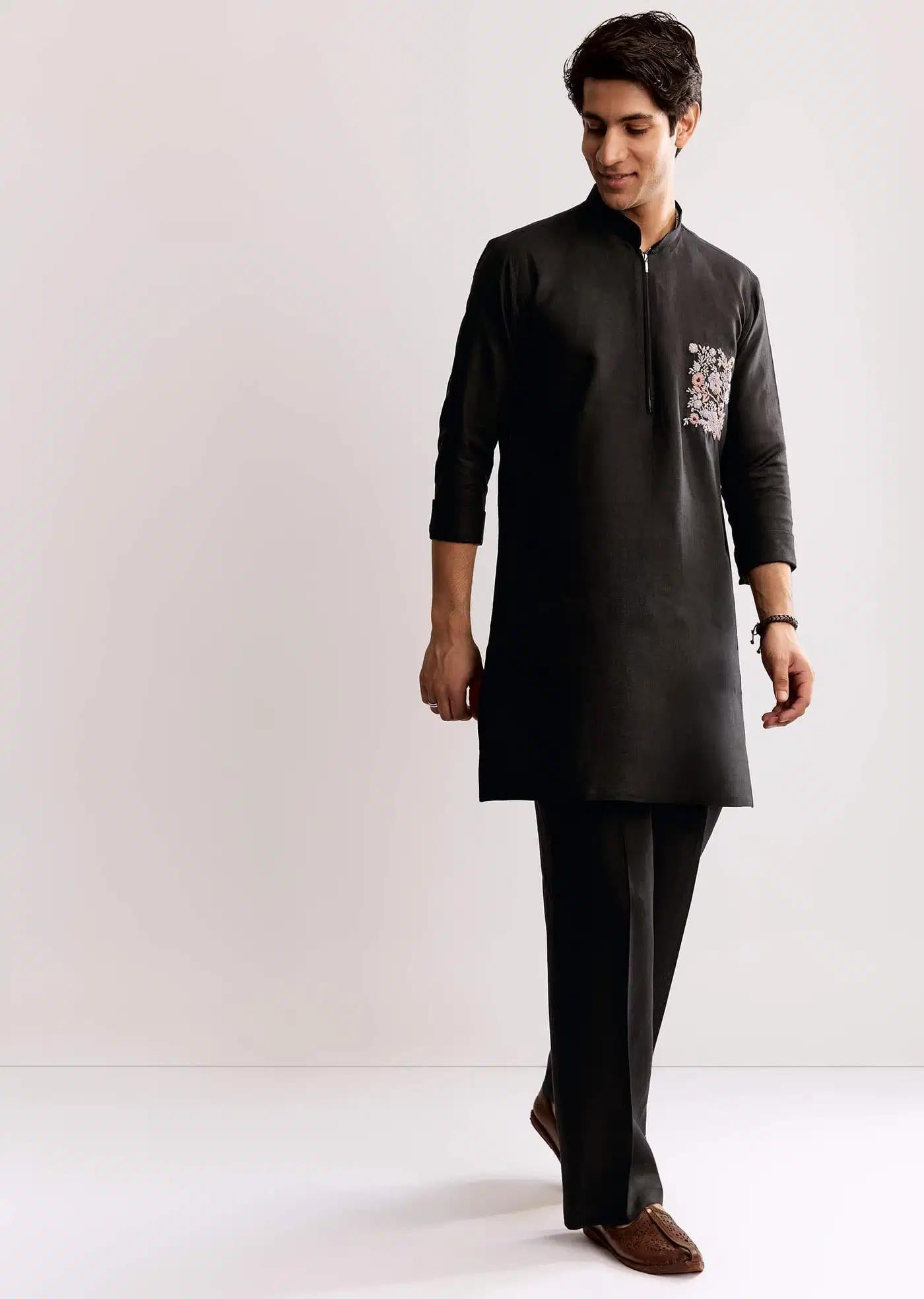 Black Linen Kurta Set With Embroidery Elegant Designer Kurta Sets