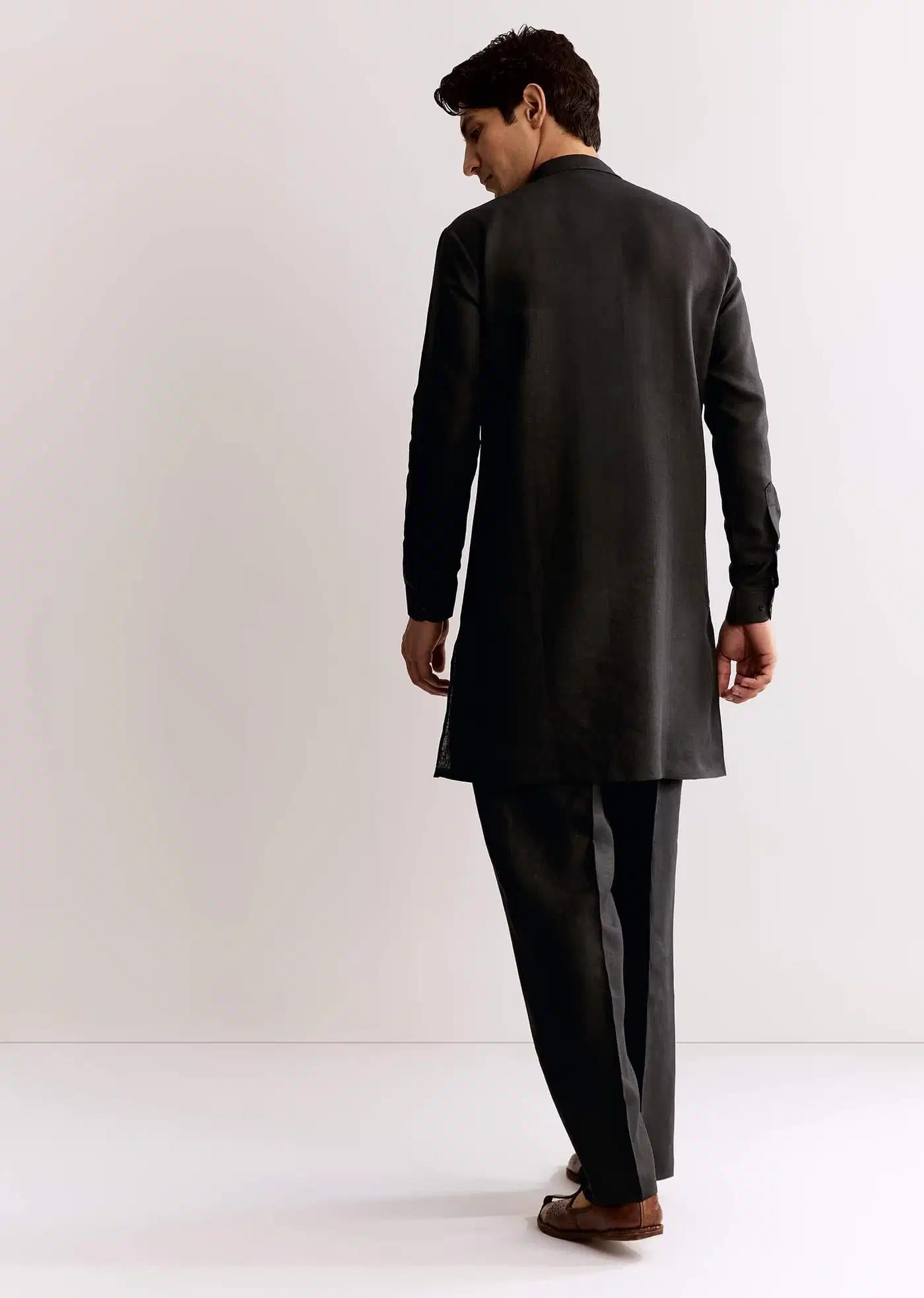 Black Linen Kurta Set With Embroidery Elegant Designer Kurta Sets