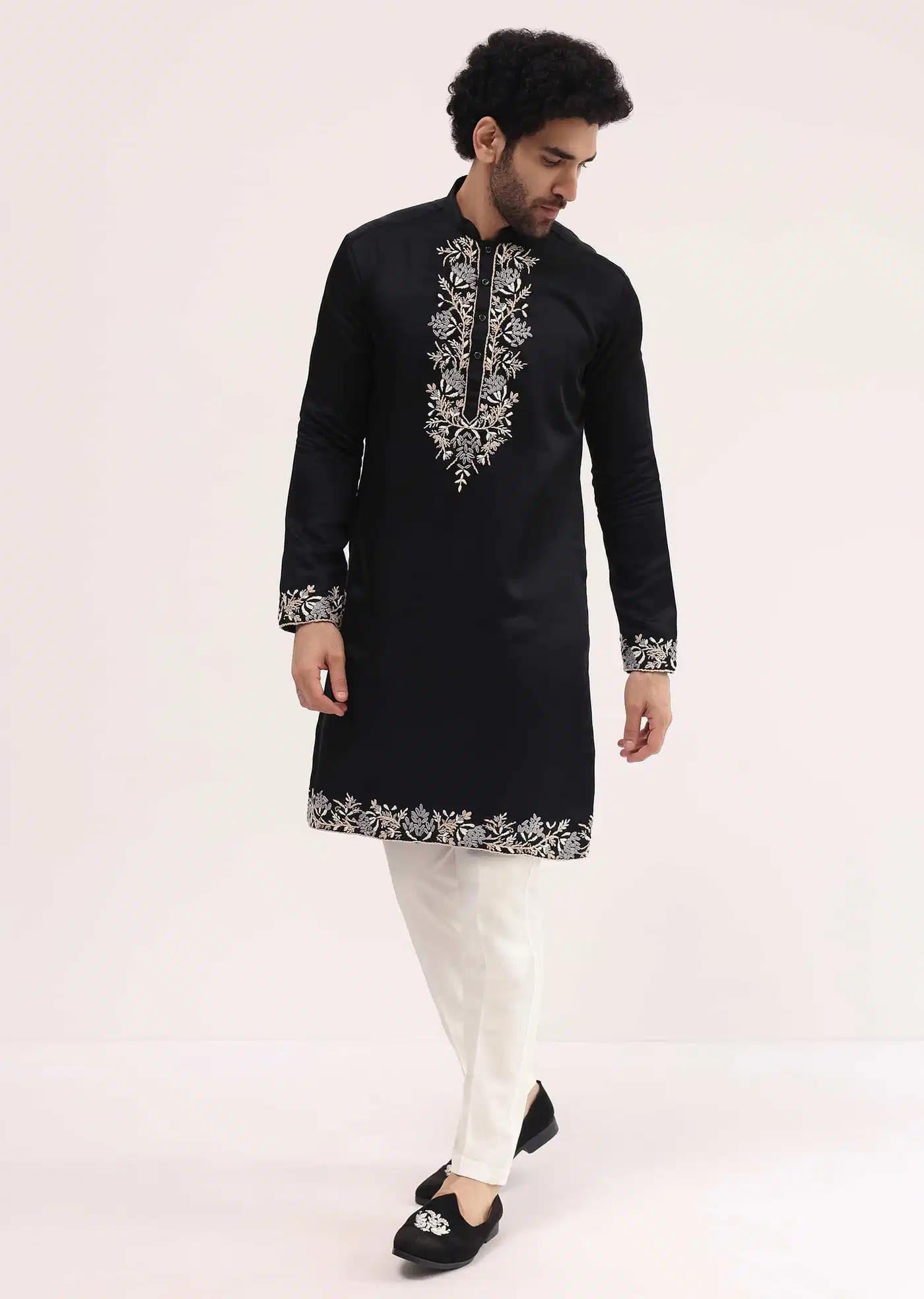 Black Linen Kurta Set With Resham Work For Men Elegant Designer Kurta Sets