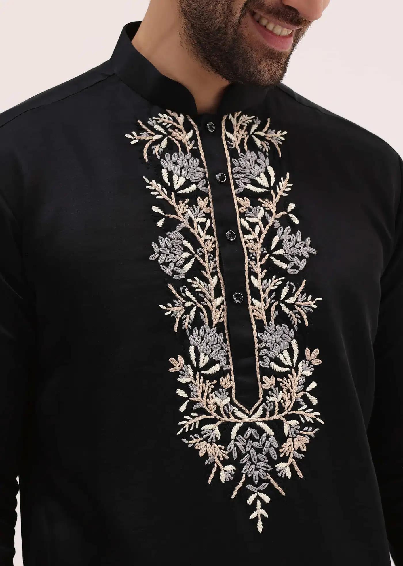 Black Linen Kurta Set With Resham Work For Men Elegant Designer Kurta Sets