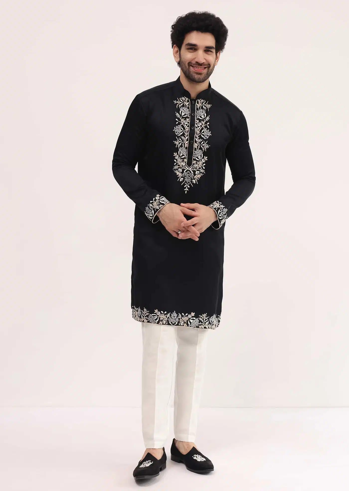 Black Linen Kurta Set With Resham Work For Men Elegant Designer Kurta Sets