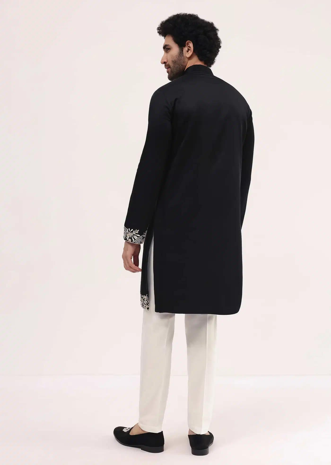 Black Linen Kurta Set With Resham Work For Men Elegant Designer Kurta Sets