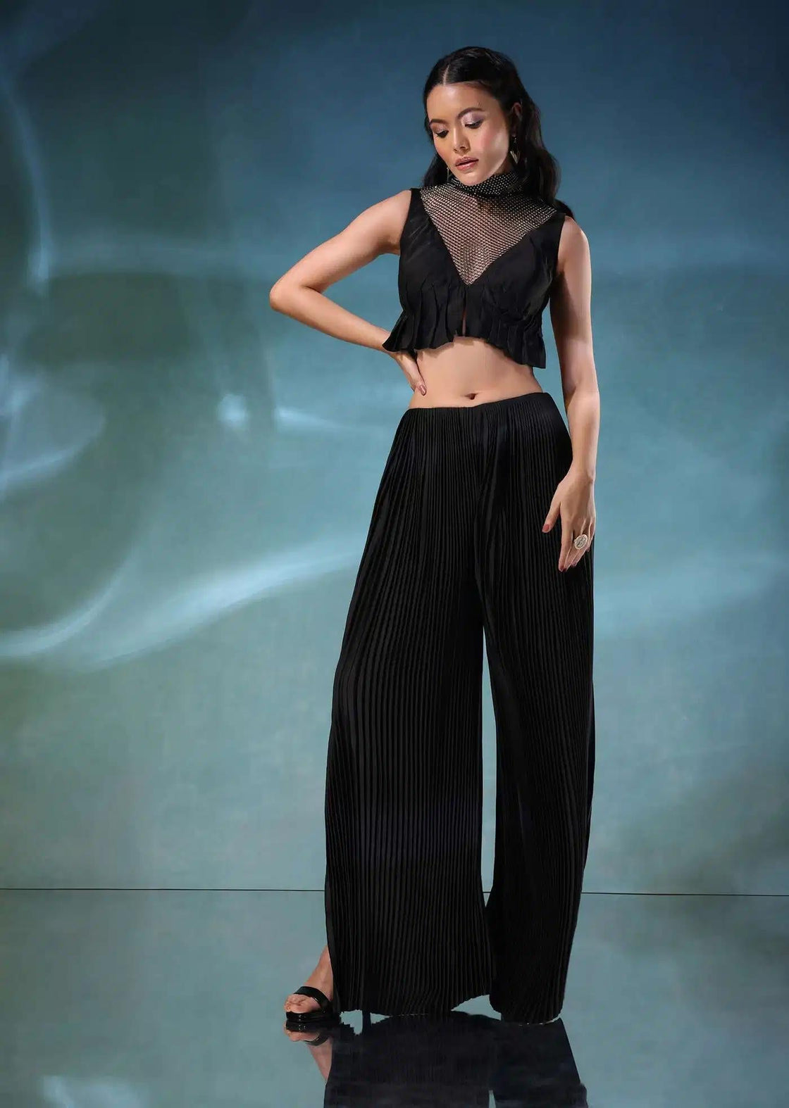 Black Mesh Palazzo Set With Satin And Butterfly Blouse