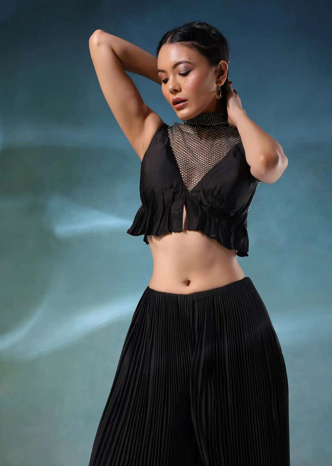 Black Mesh Palazzo Set With Satin And Butterfly Blouse