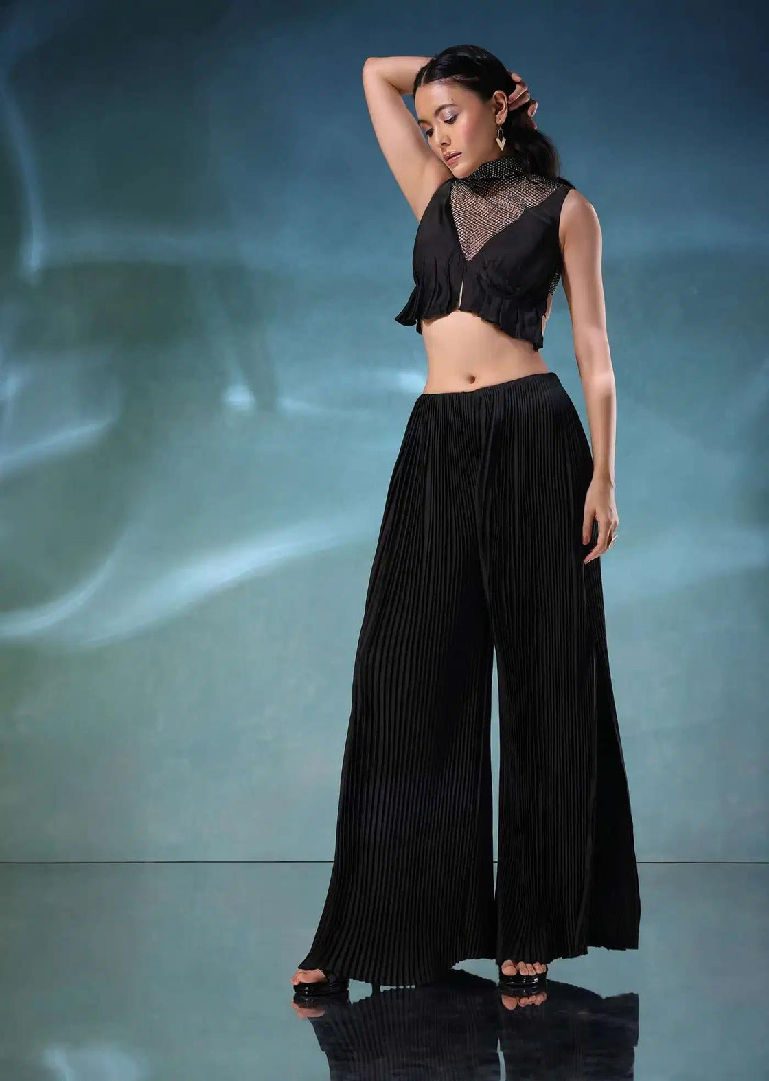 Black Mesh Palazzo Set With Satin And Butterfly Blouse