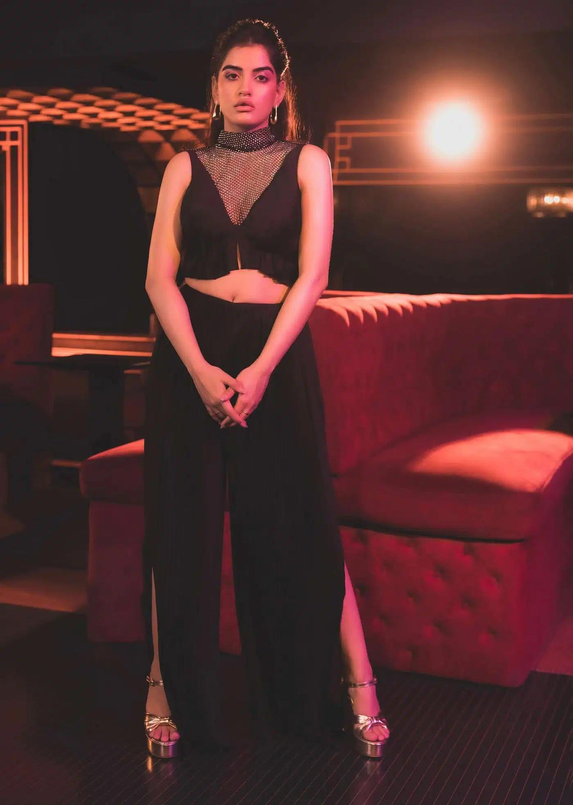 Black Mesh Palazzo Set With Satin And Butterfly Blouse