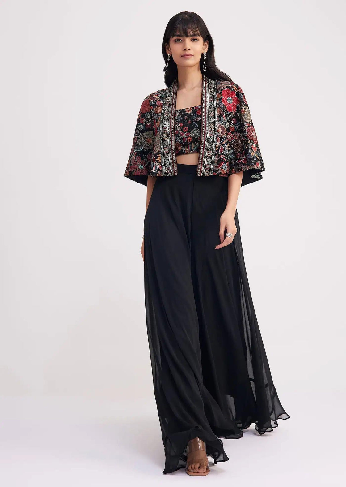 Black Organza Cape With Sequin Embellished Croptop And Palazzo