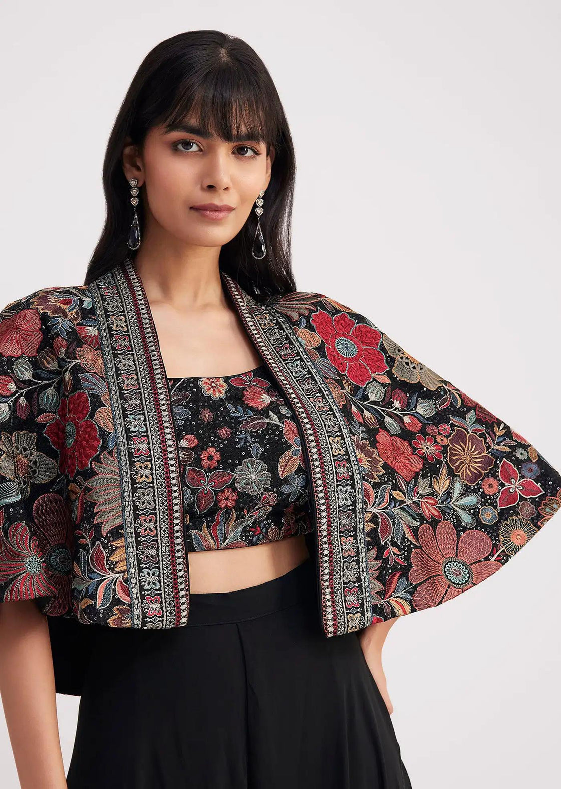 Black Organza Cape With Sequin Embellished Croptop And Palazzo